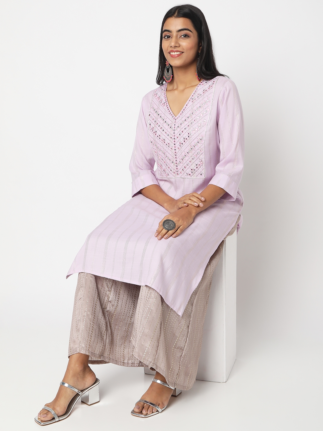 Ethnicity | Ethnicity Women's Purple Polyester Viscose Embroidered Kurta | XS 5