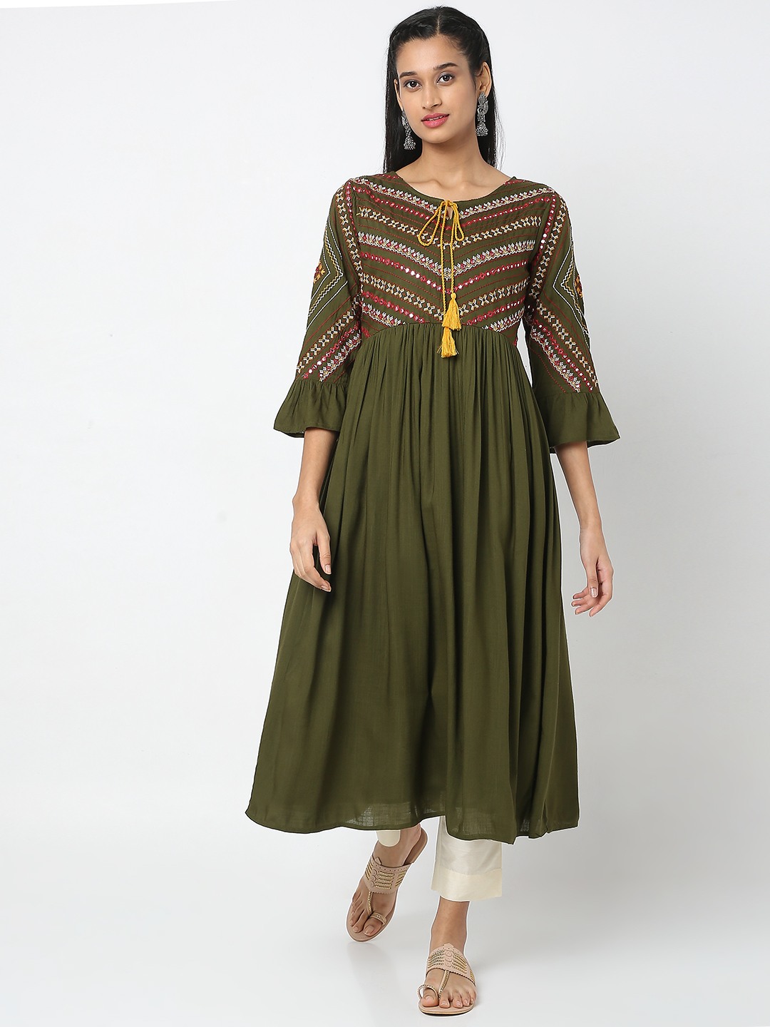 Ethnicity Women's Green Viscose Rayon Embroidered Kurta | XS
