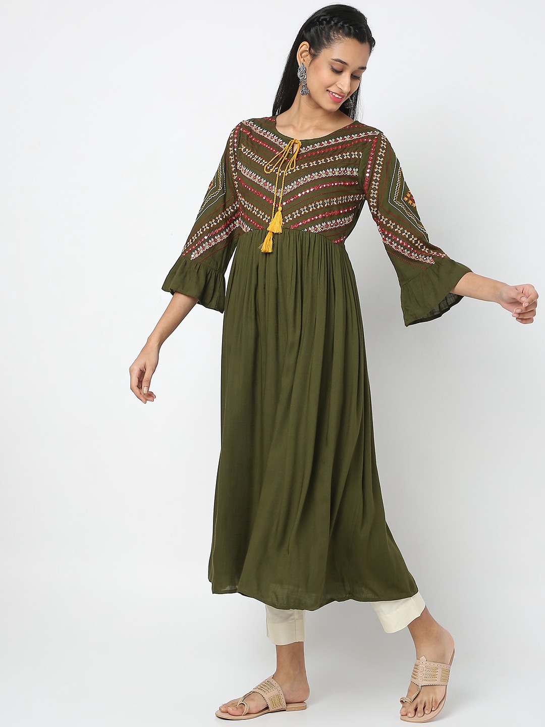 Ethnicity Women's Green Viscose Rayon Embroidered Kurta | XS