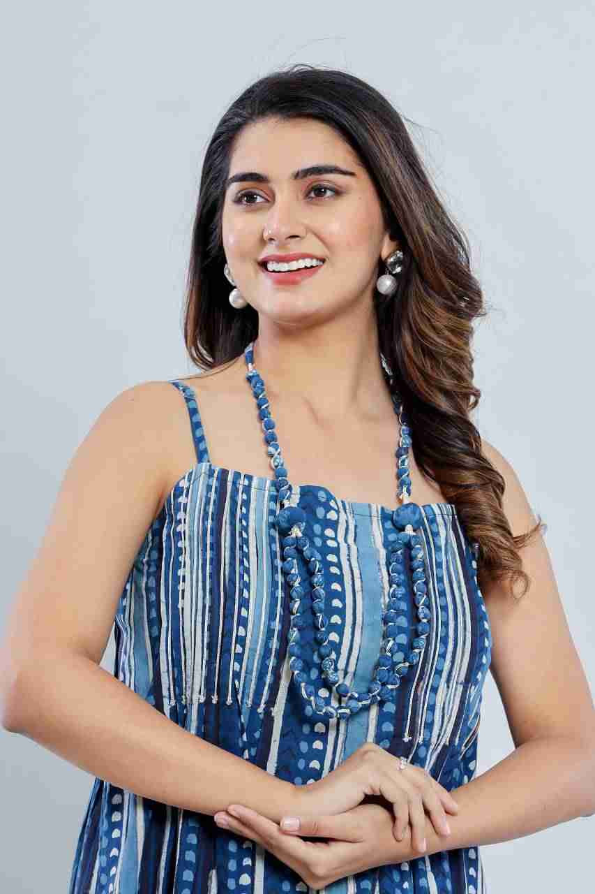 Naksh Blue Indigo Singlet Dress With Beaded Neck-piece testing