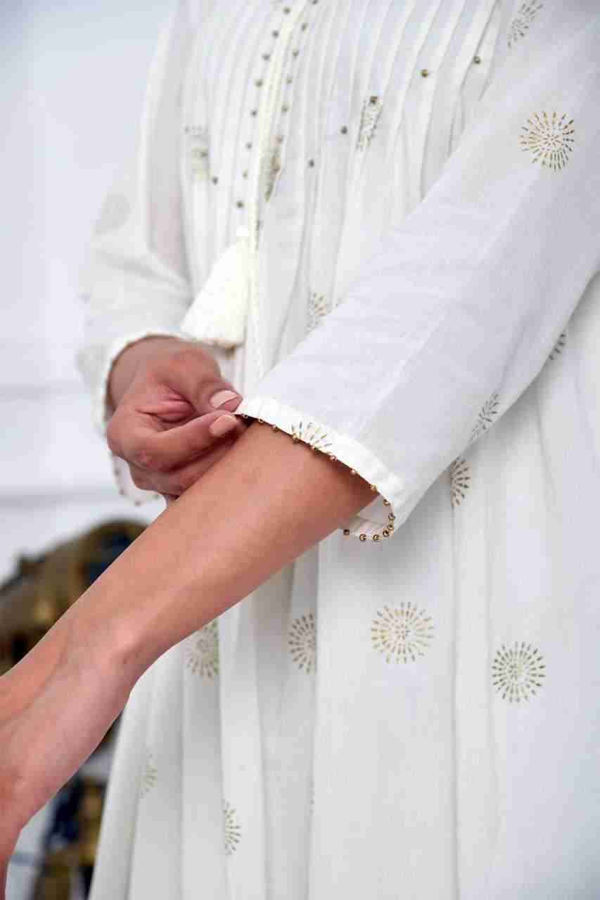 Naksh White Gold Printed Pleated Kurta And Solid Pants (Set of 2)