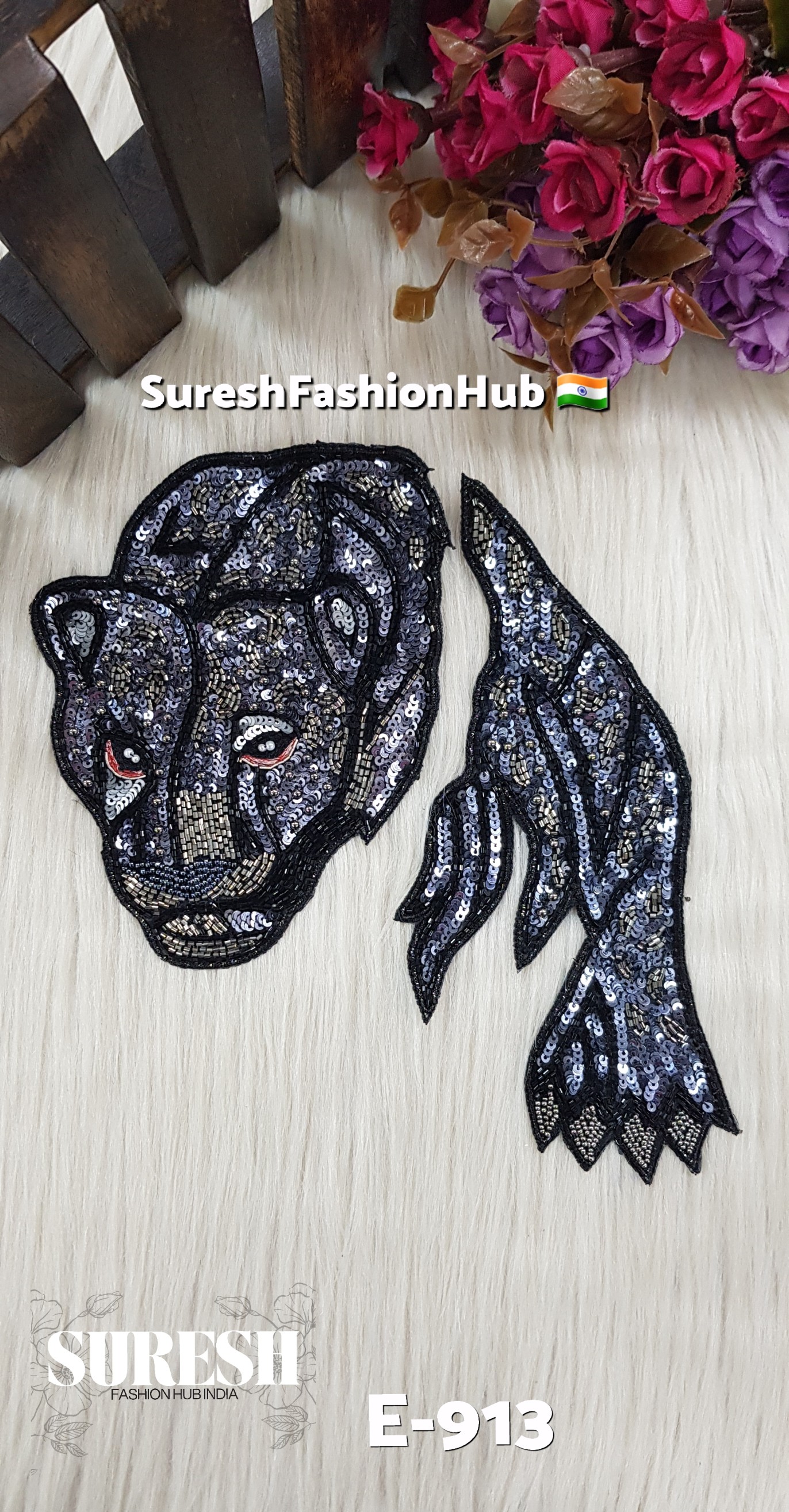 Handmade Black Panther Sequin & Bead Decorative Patch – Design No. E-913