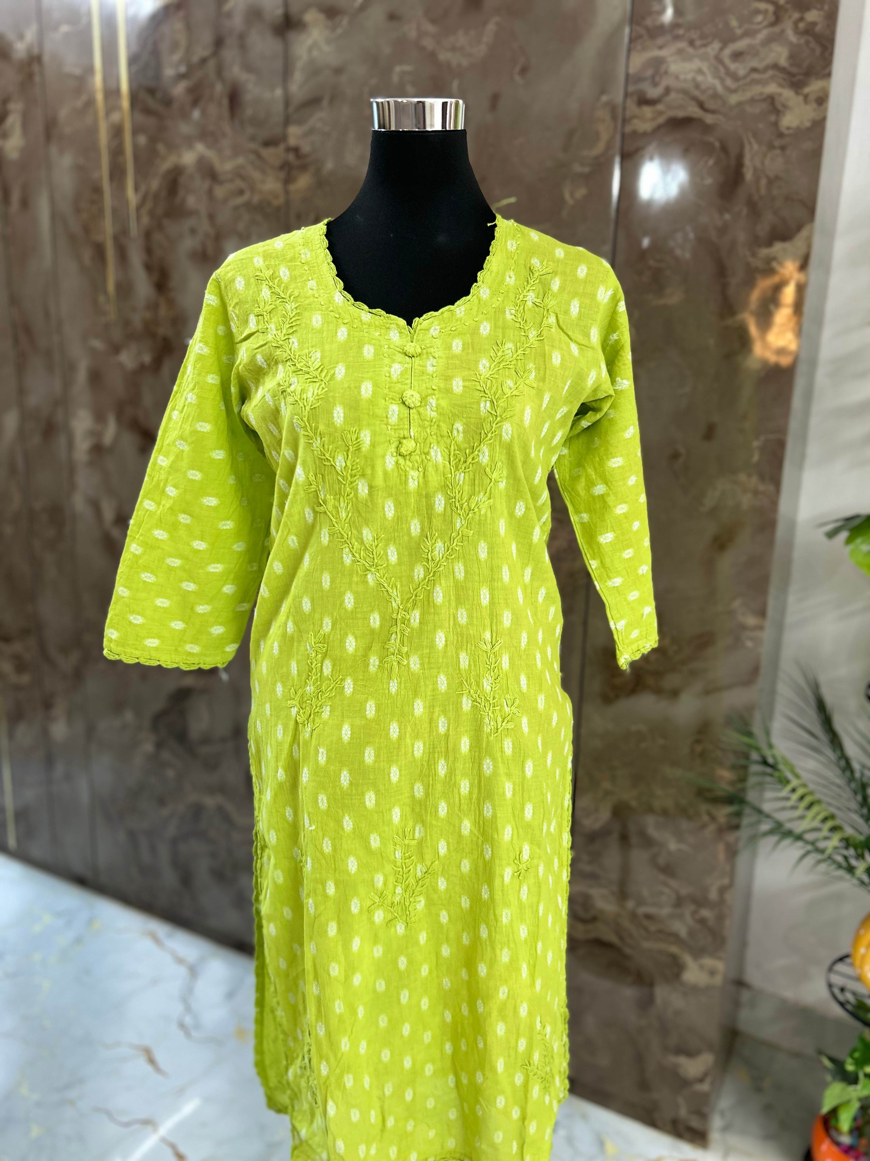 Parrot Green Lucknowi chickenkari cotton  kurta