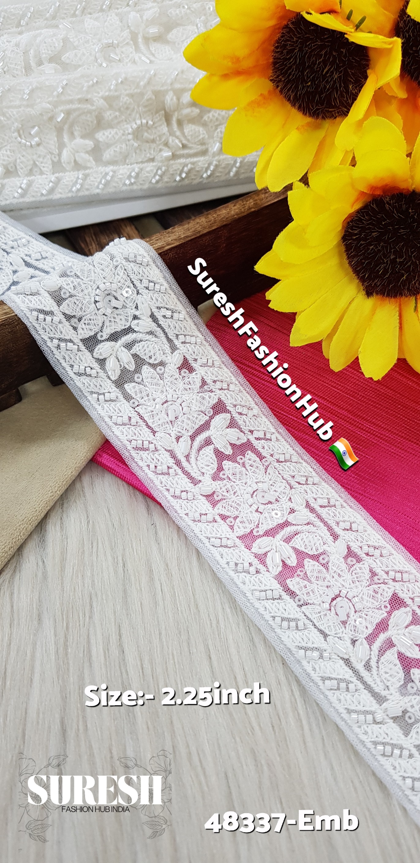 White with Water Work Two-Side Border Lace – 48337-Emb