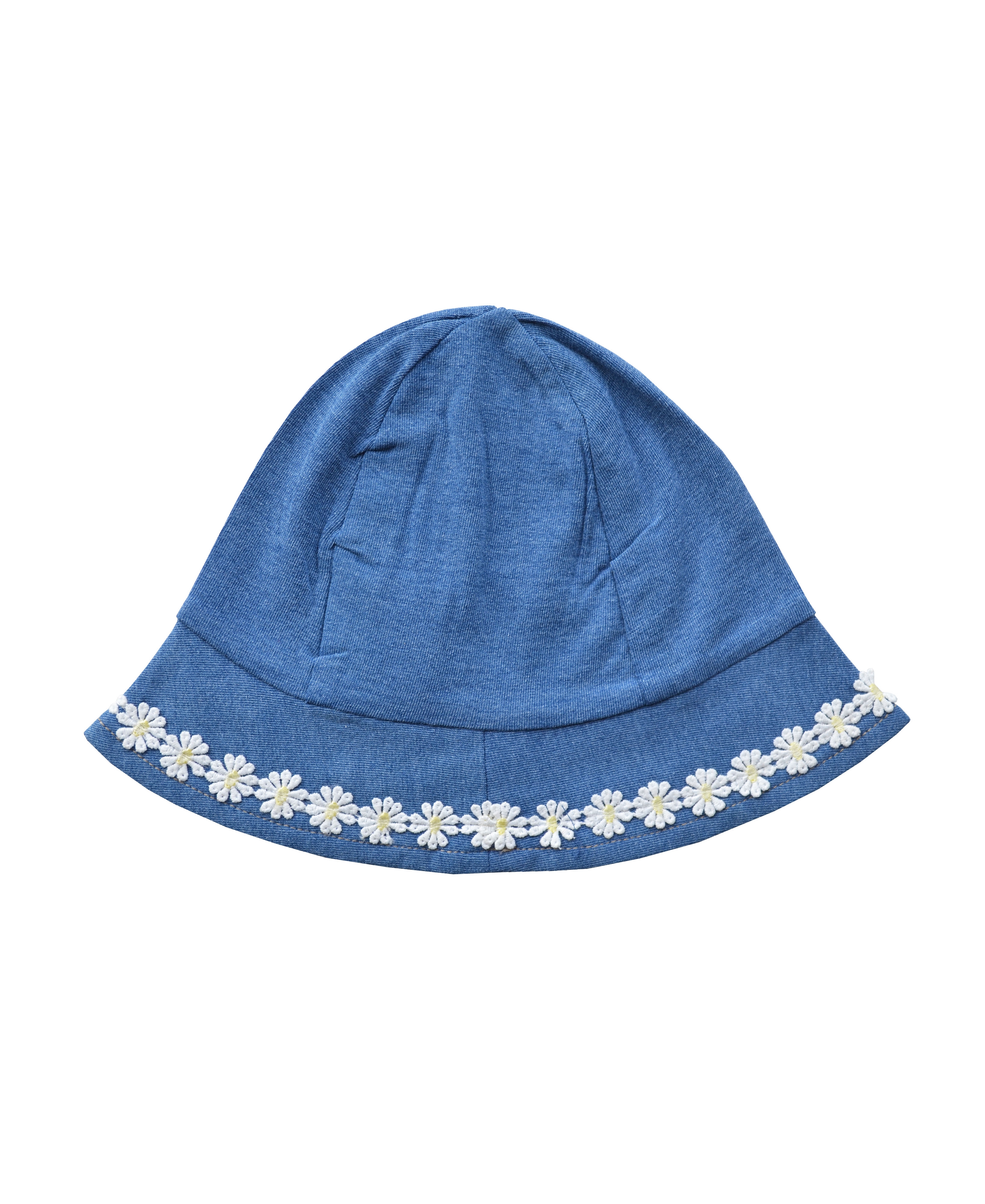 Girls Denim Sunhat with White Flower Embroidery(95% Cotton 5% Elasthan)