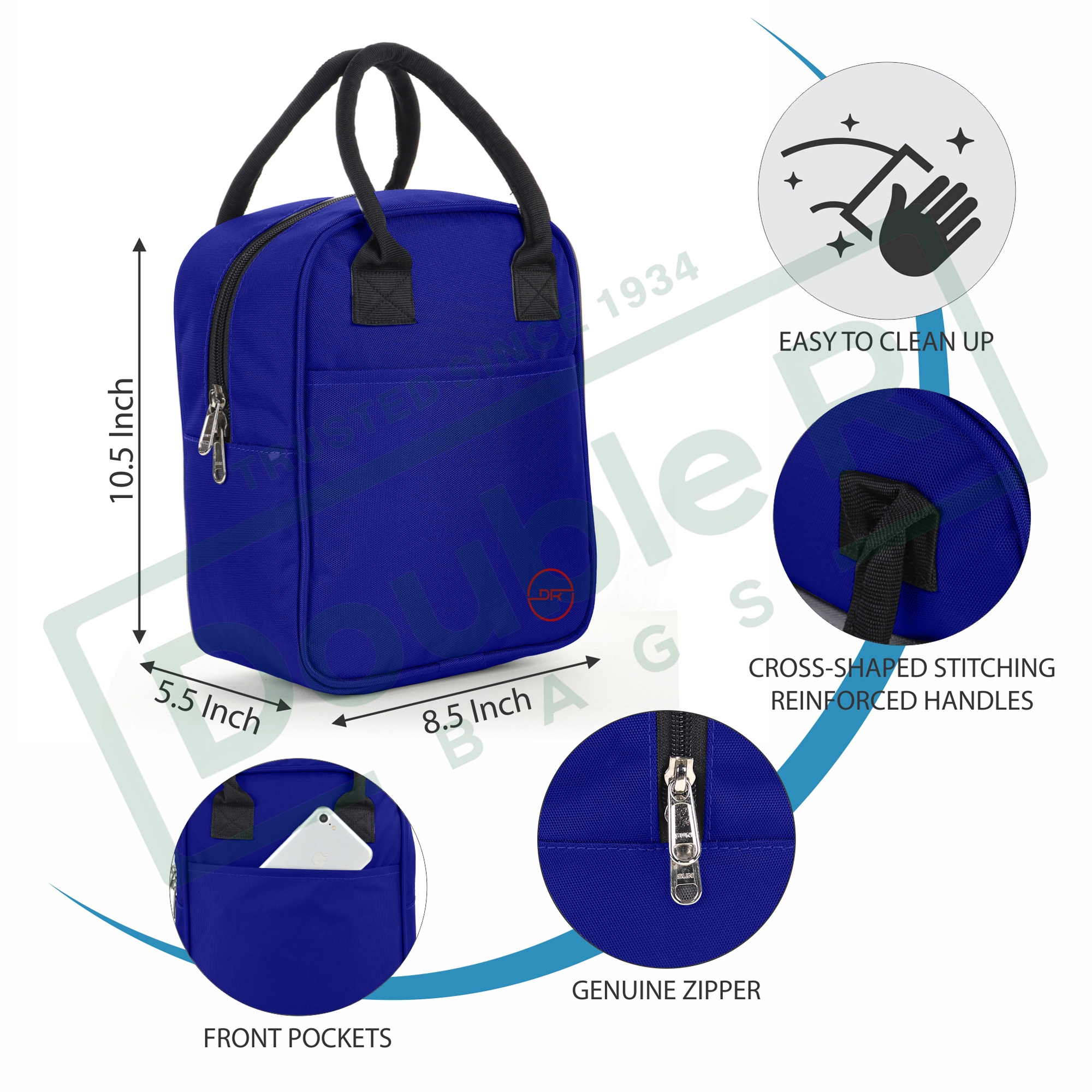 DOUBLE R BAGS | Double R Bags Insulated Lunch Bag for Office Men, Women and Kids, Tiffin Bags for School, Picnic, Work, Carry Bag for Lunch Box (Royal Blue) 0