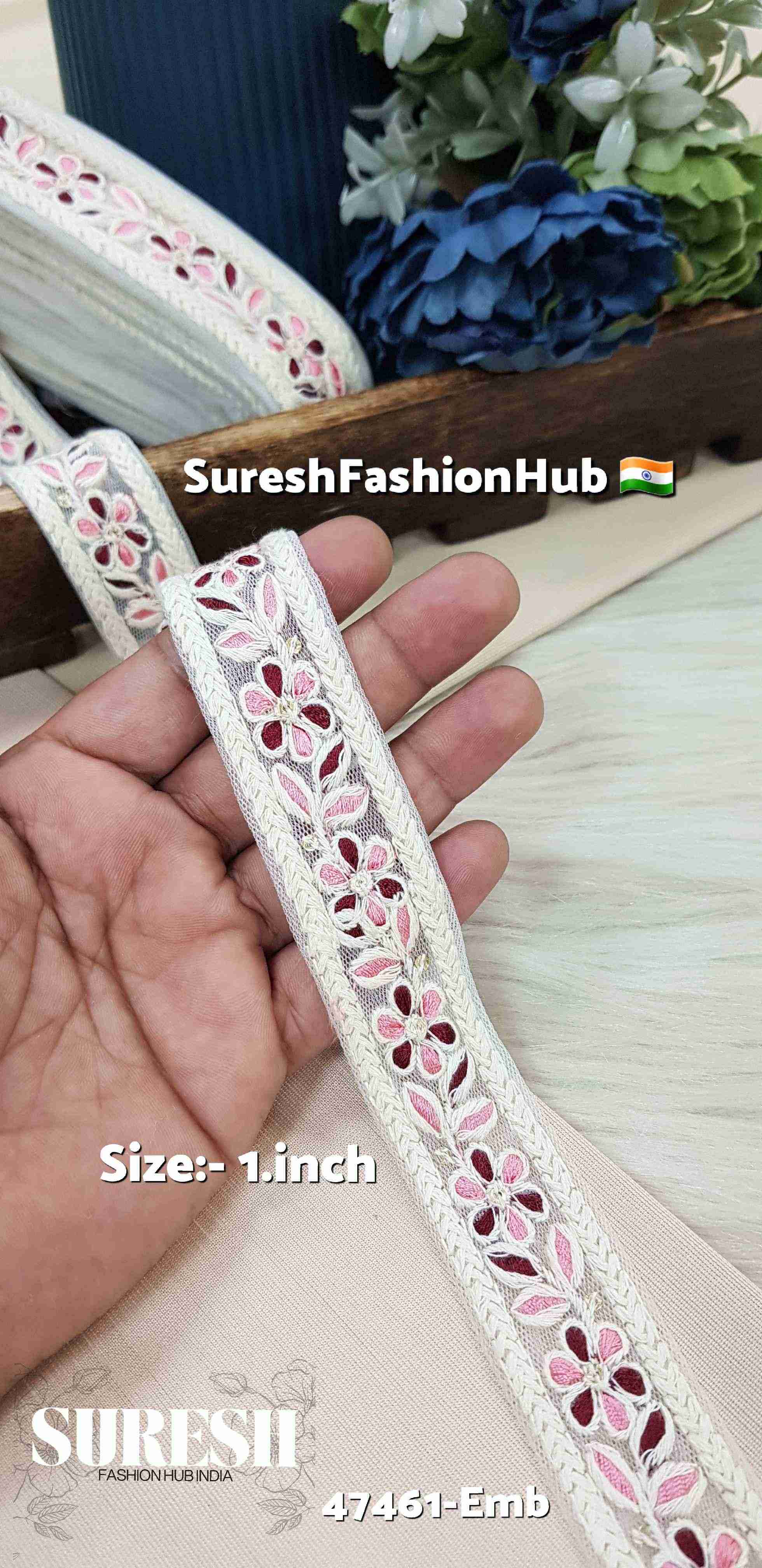 Baby Pink & Maroon Floral Net Lace