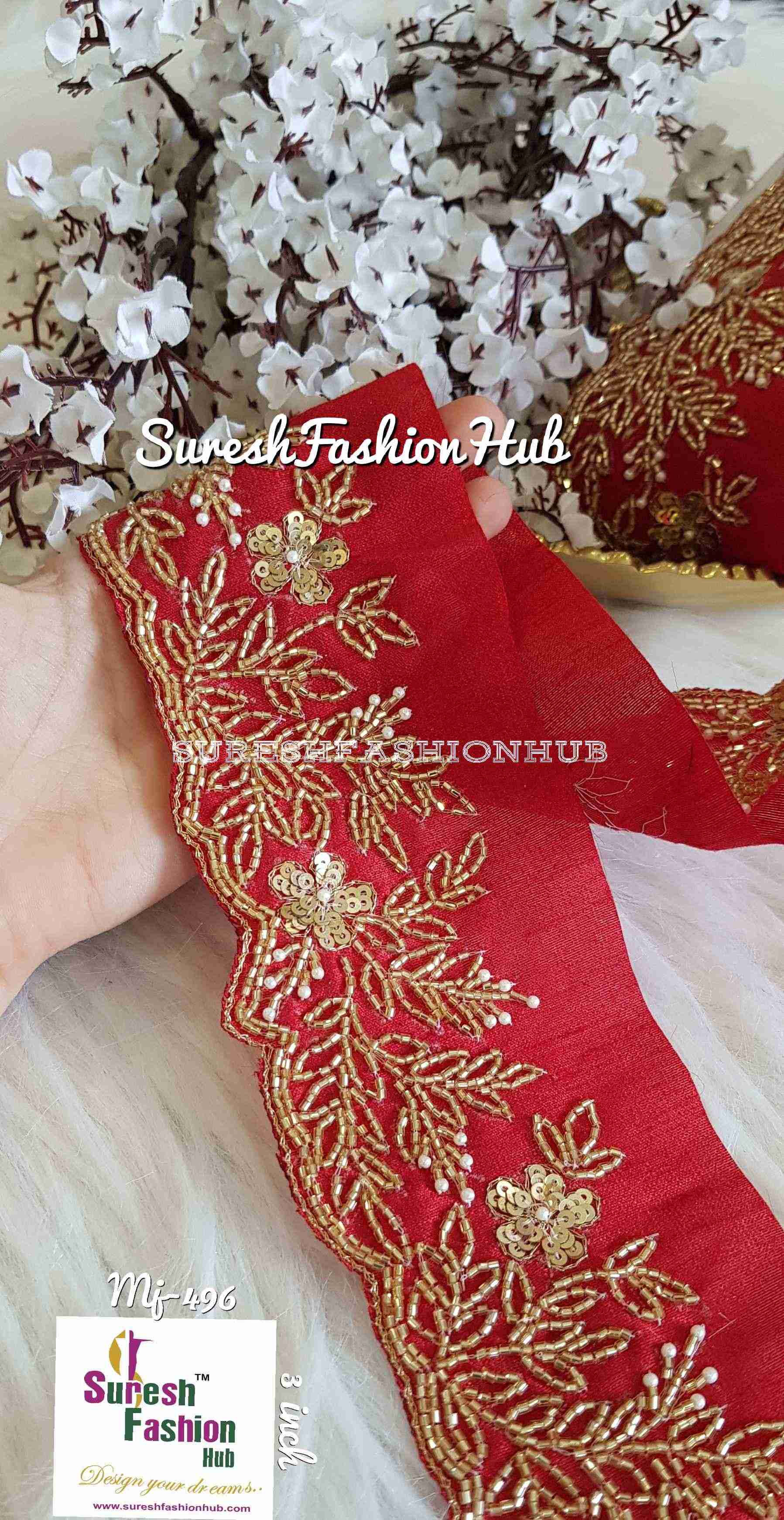Hand Embroidered Tomato Red Heavily Studded Trim