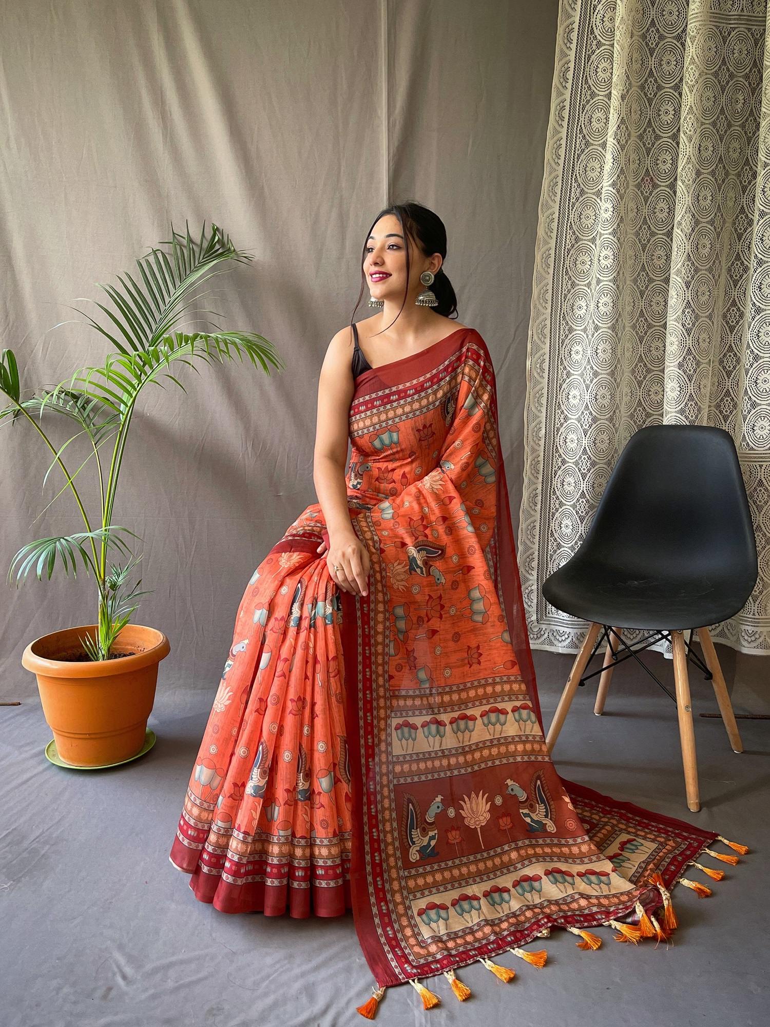 Tasarika Women Cotton Pure malai Cotton Kalamkari Prints Orange Saree kadambari_Orange