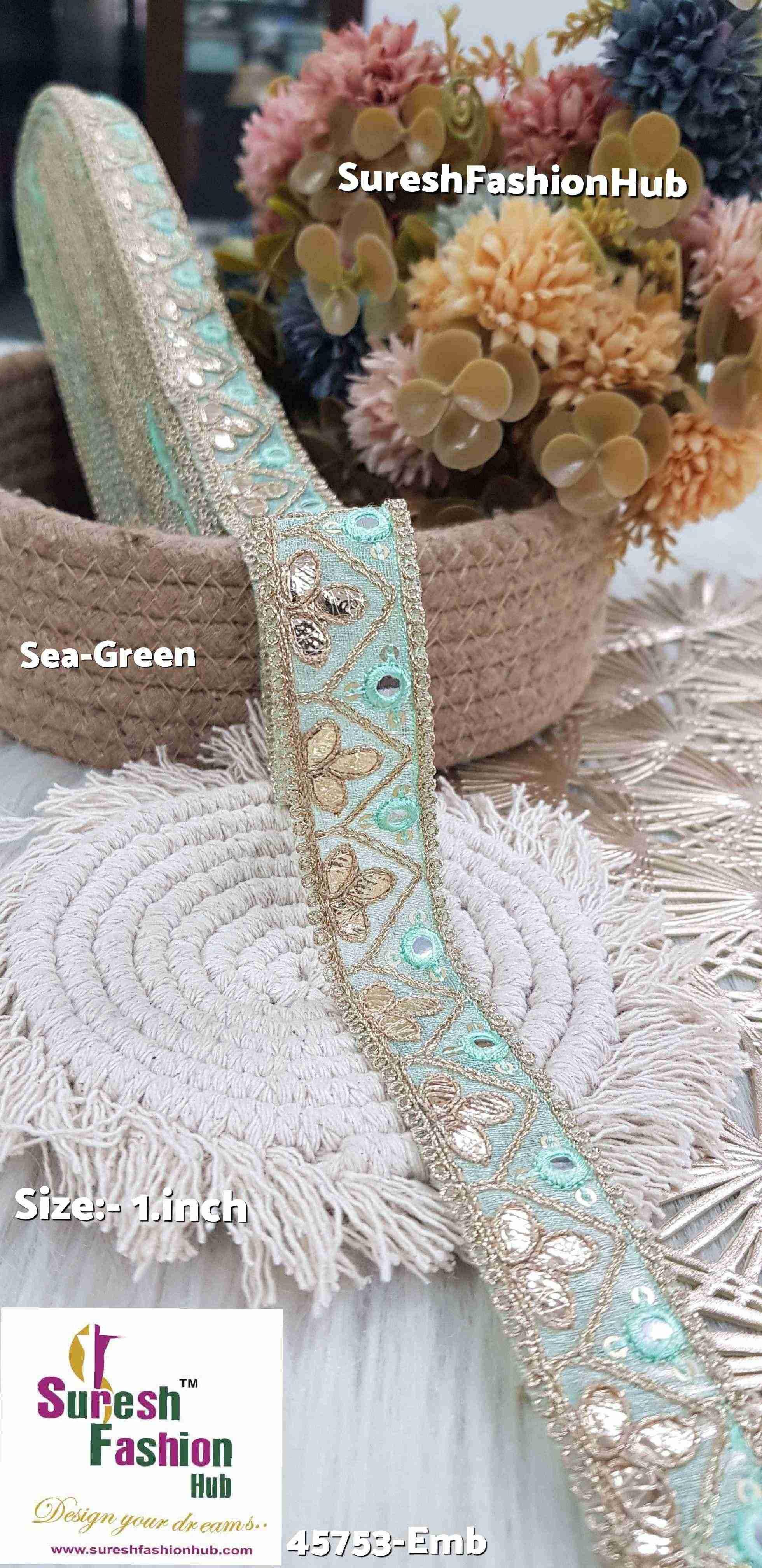 Glimmering Gota and Mirror Embroidered Sea Green Organza Lace