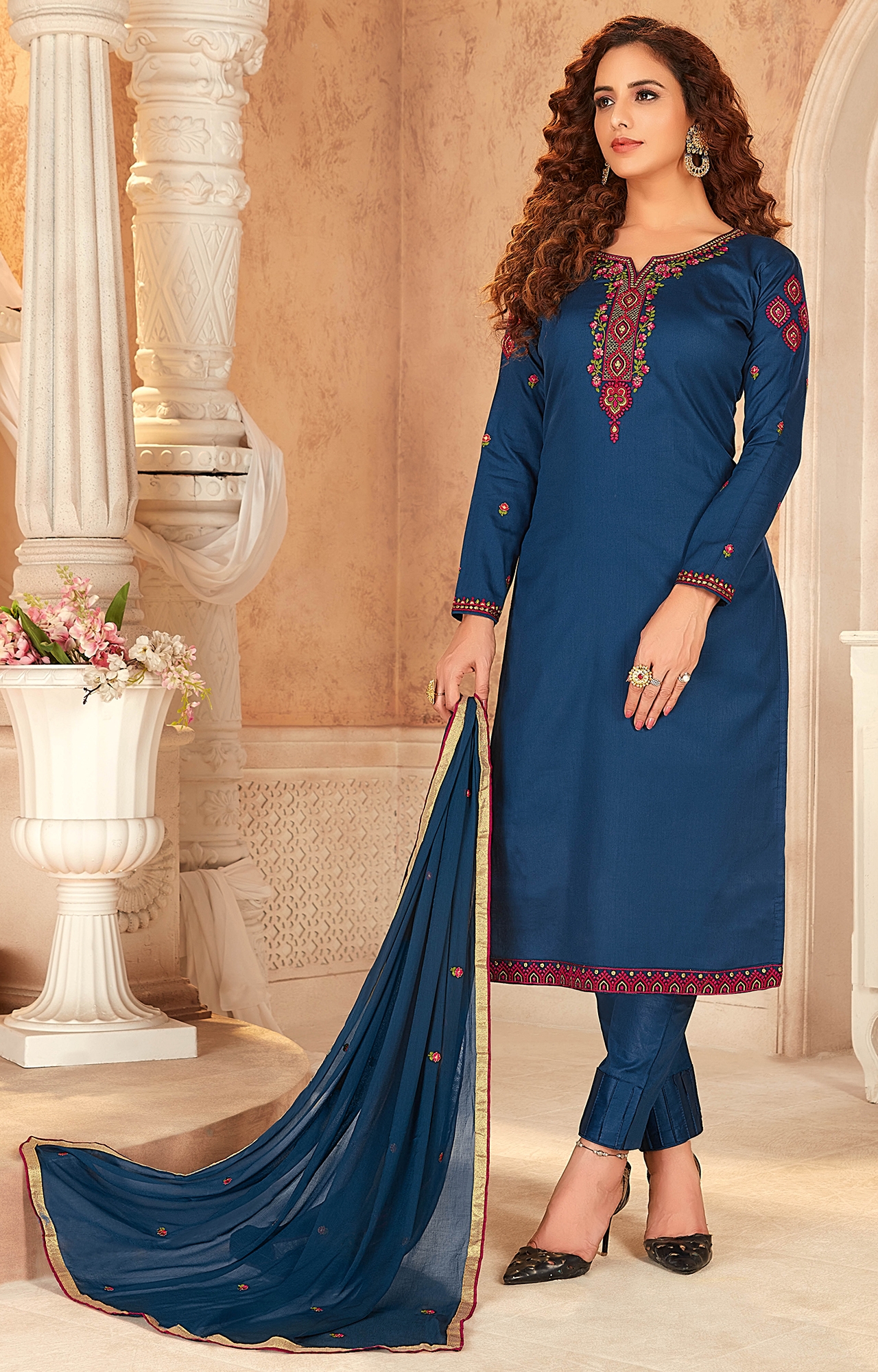 Turquoise Blue Color Cotton Embroidered Unstitched Dress Material-FL_PANKHUDI1066_DM