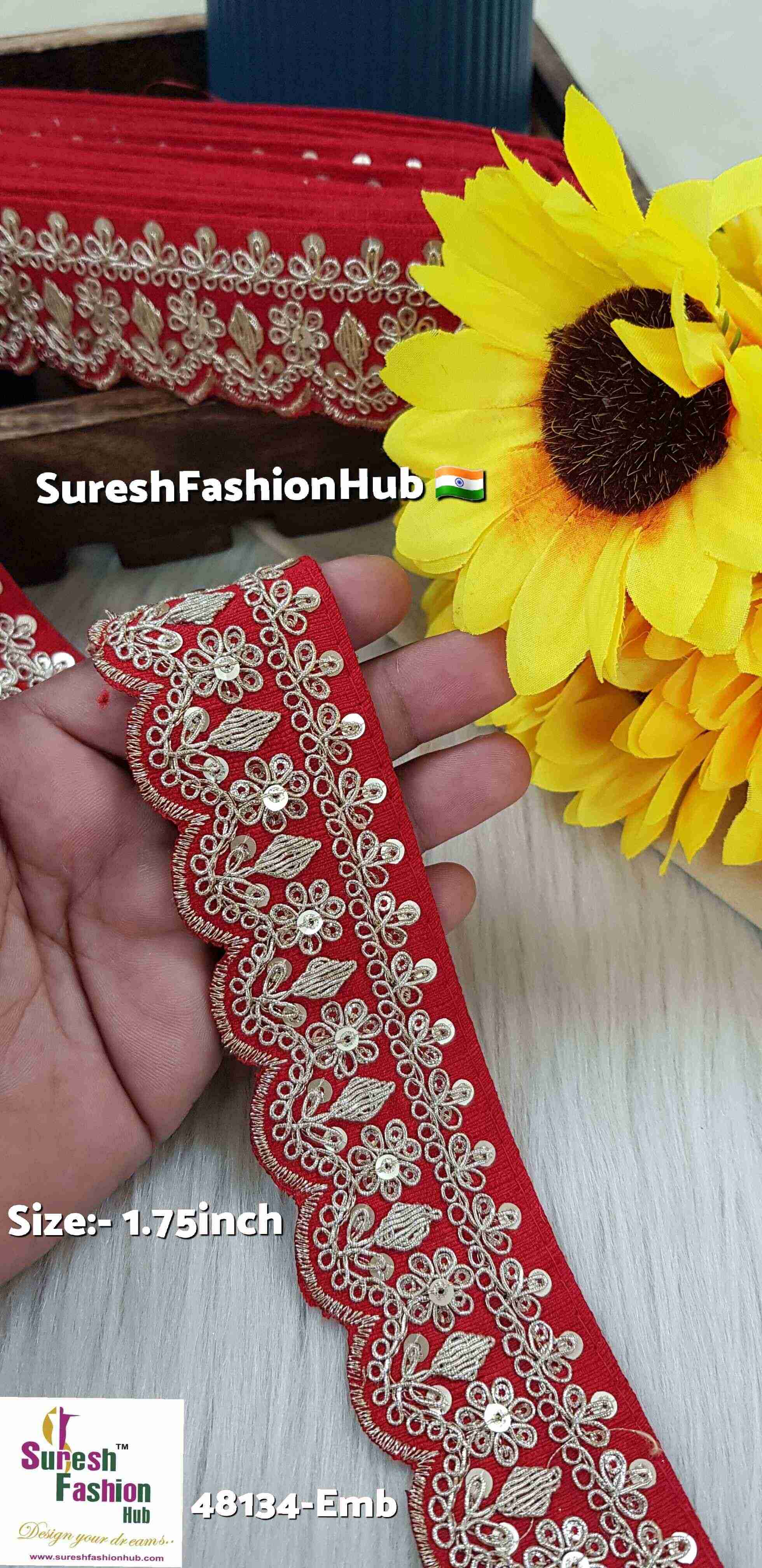 Red Scalloped Pearl Dori Embroidery Lace on Beige Net