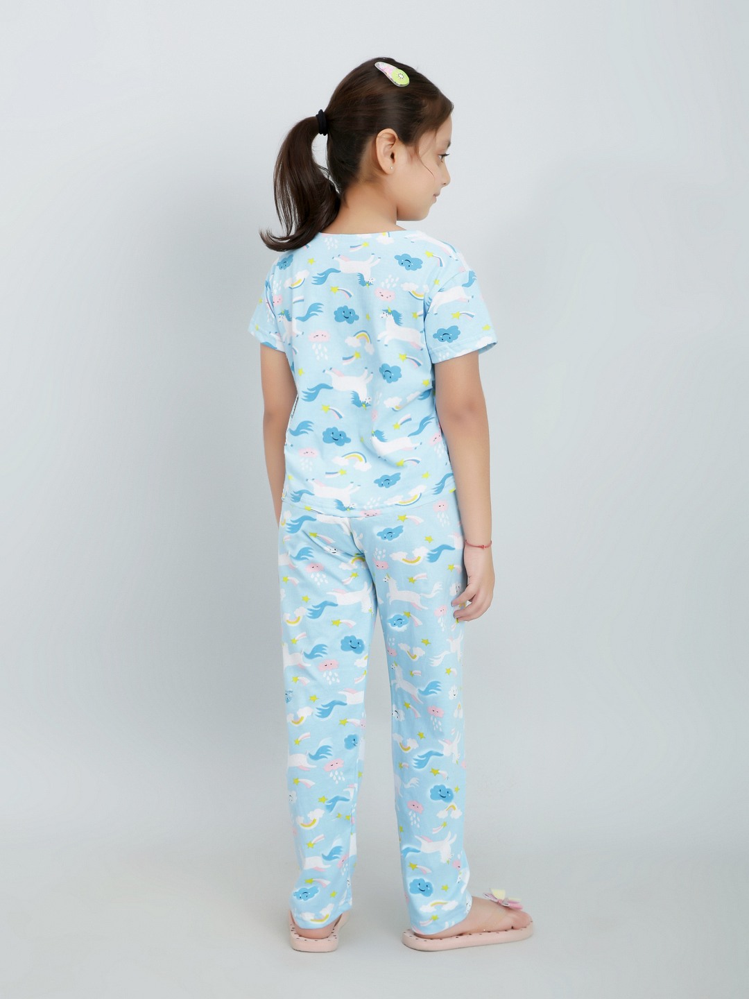 Ninos Dreams Girls Cotton Half Sleeves Coord set Unicorn Printed with Lower - LightBlue