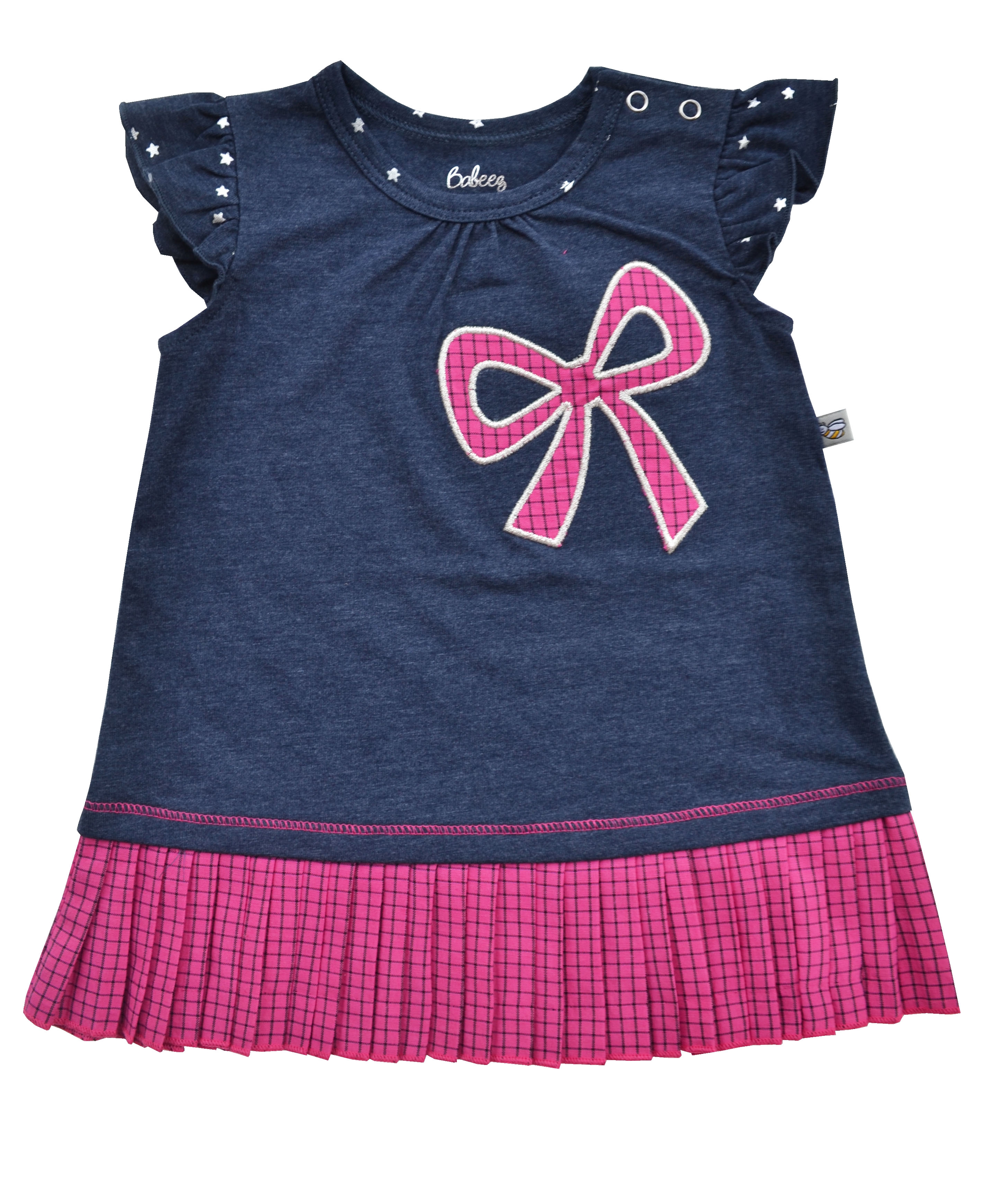 Denim Blue Dress with Pink Bow Applique (60% Cotton 35% Polyester 5% Elasthan)