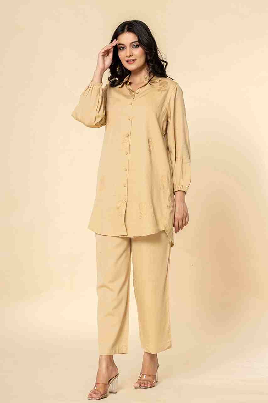 Naksh Beige Cotton Satin Co-ordinated Set With Gold Print (Set of 2)