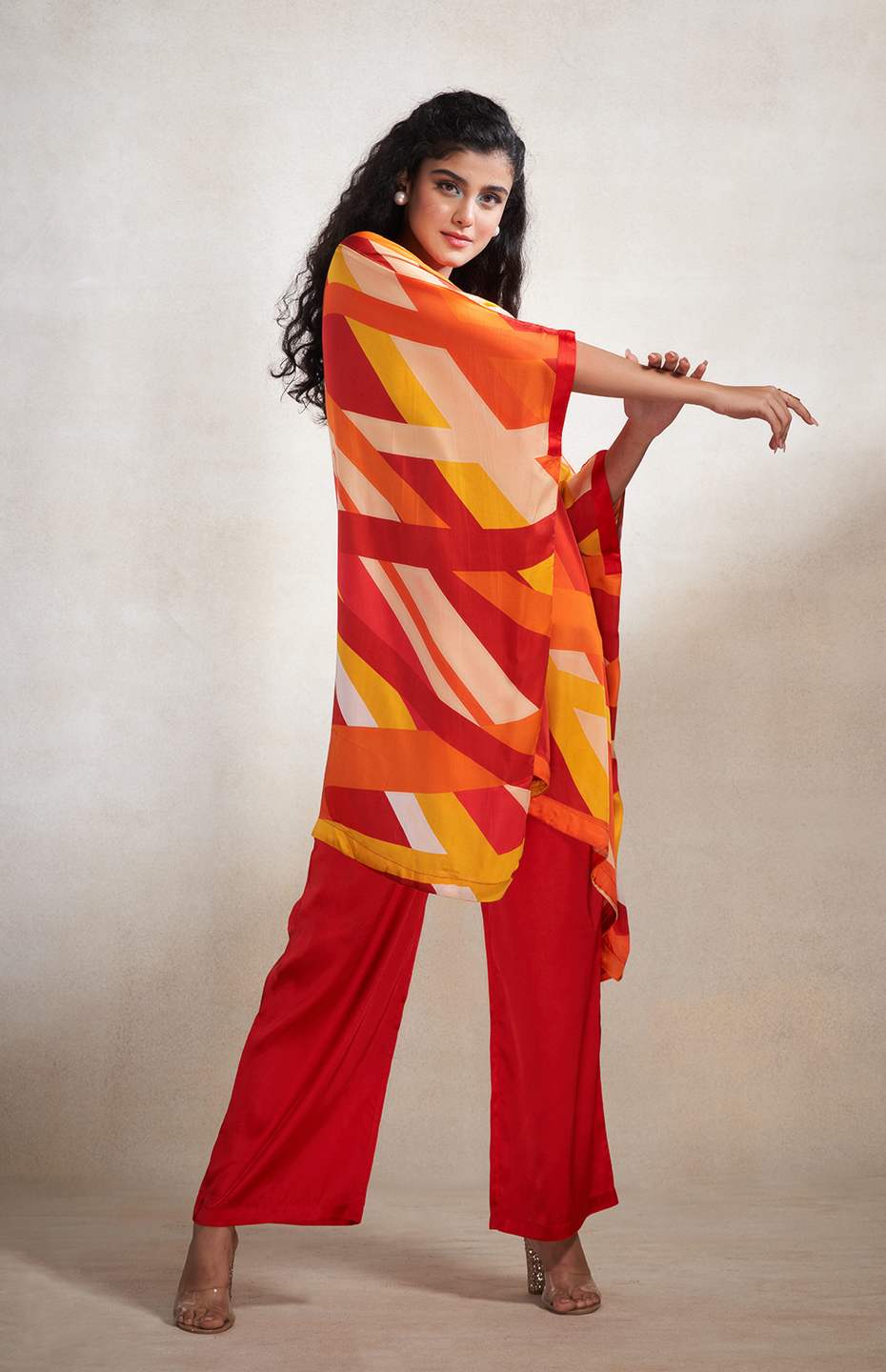 Red & Orange Abstract Poncho Kurta