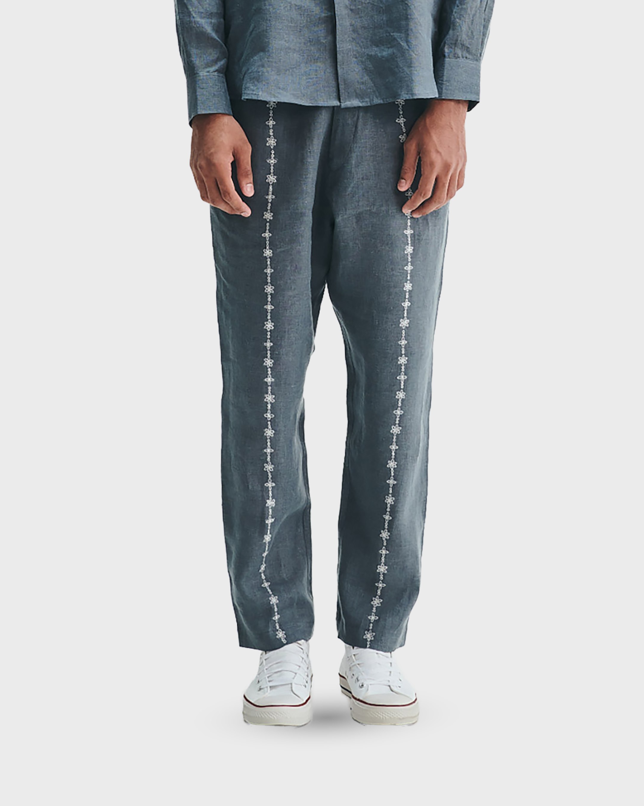 Slate Linen Embroidered Men's Tapered Lounge Pants