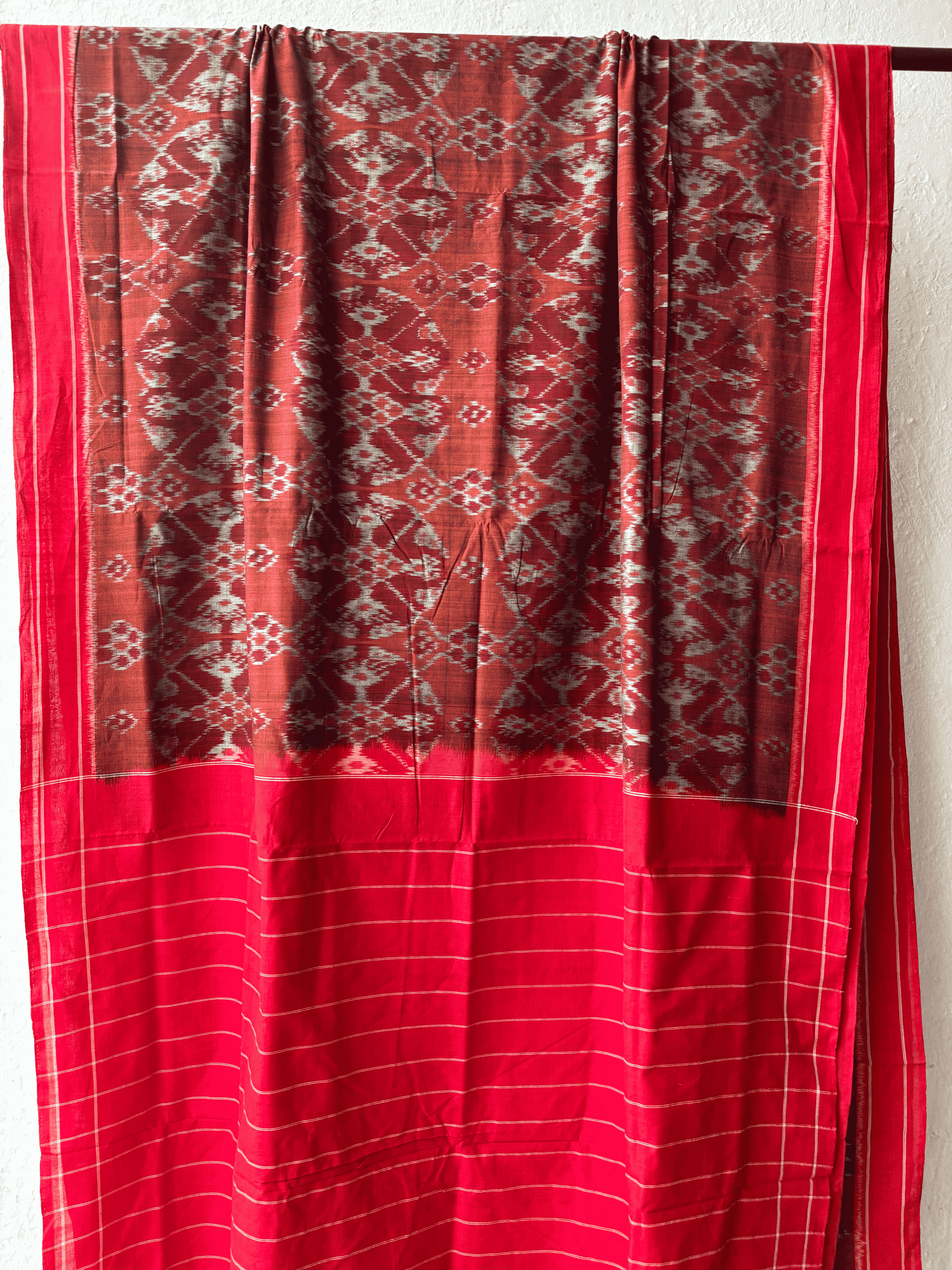 Cottoon Patola Single Ikat Brown And Red Combination Saree