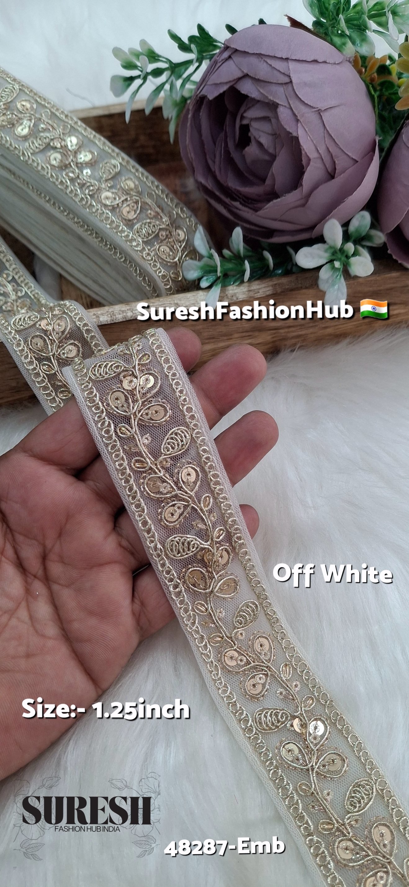 Off White Pearl Dori Zari Embroidery Border Lace