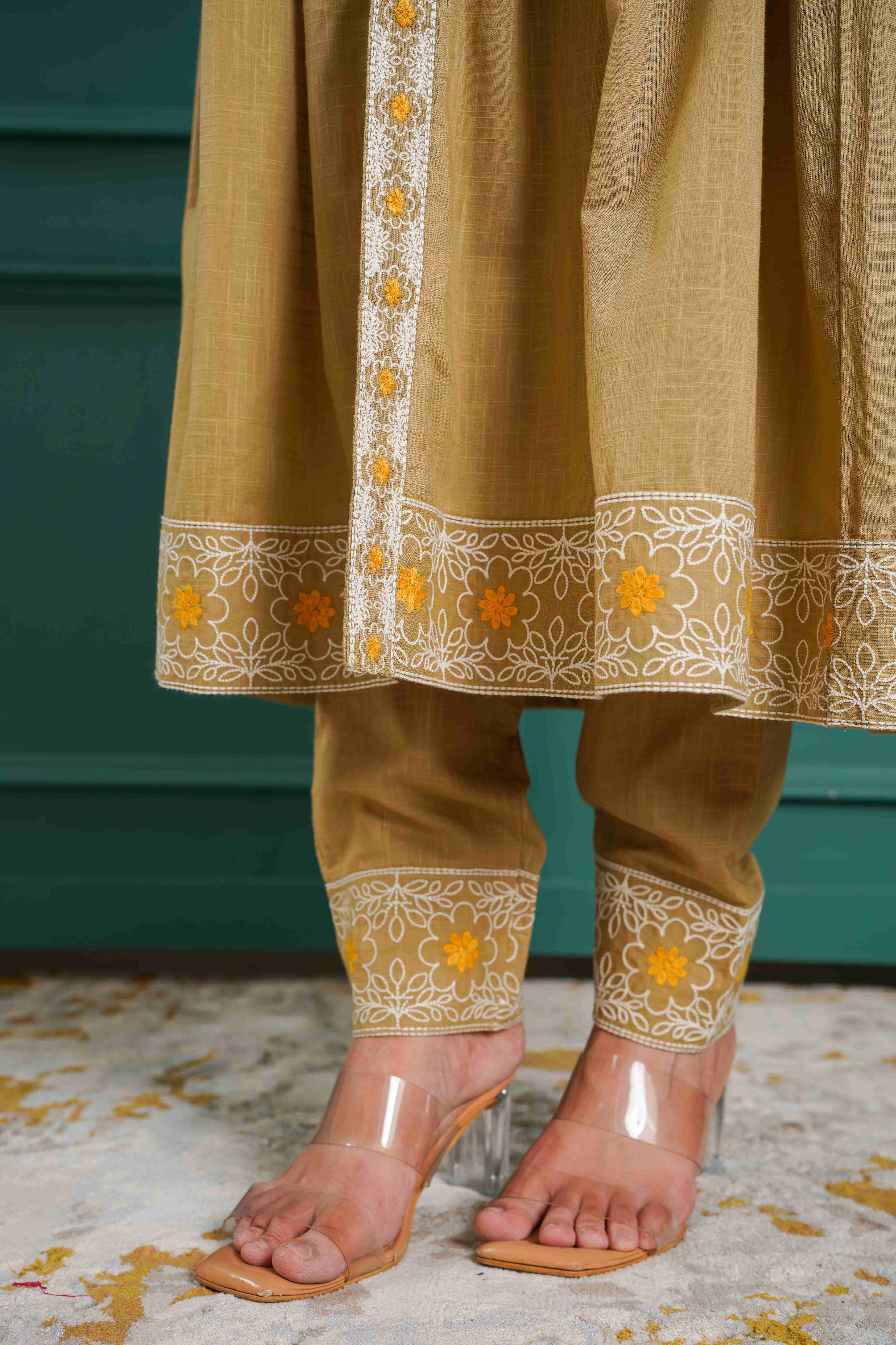 KHAKI EMBROIDERED SOLID KURTA SET