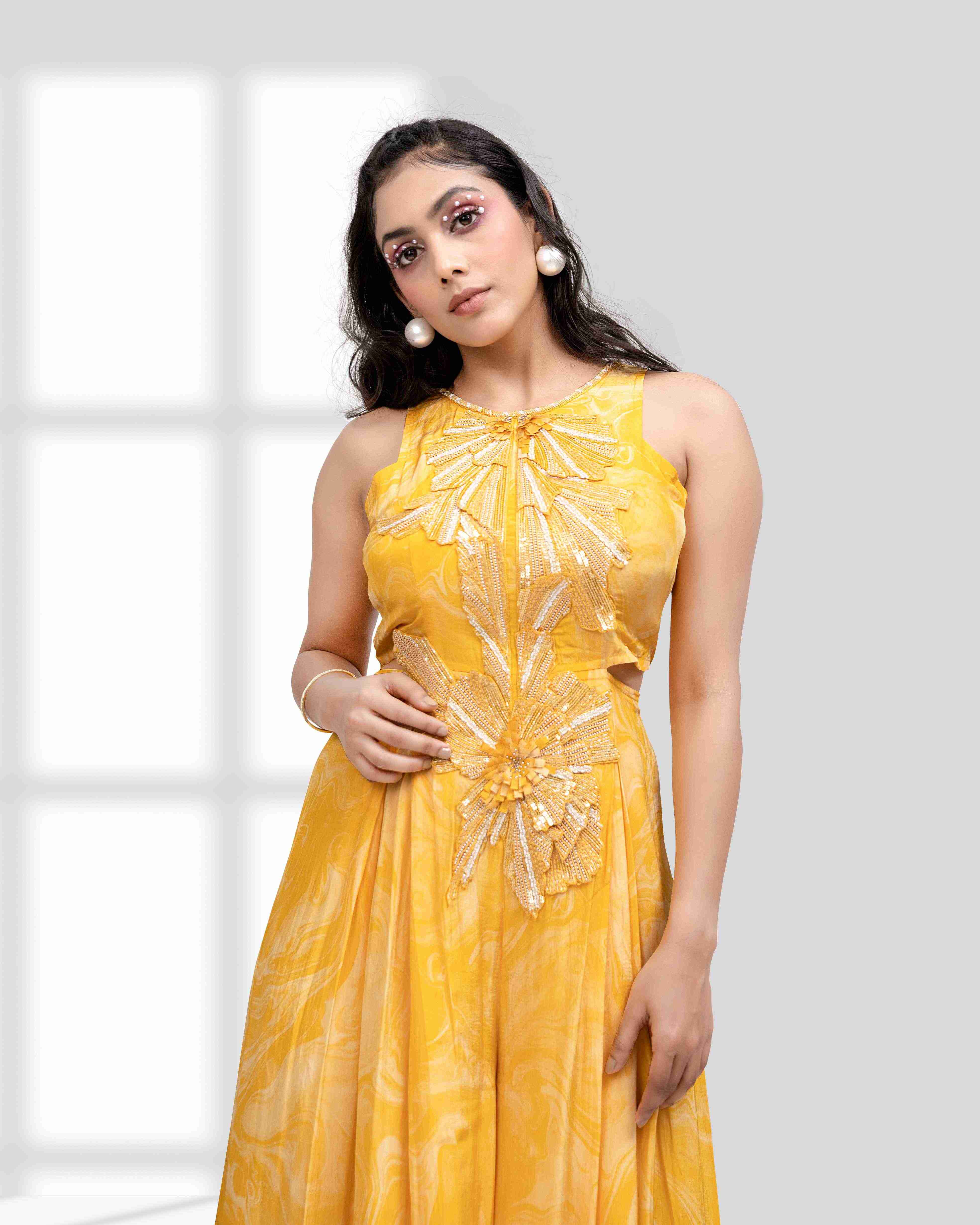 Yellow Marble Printed Embroidered Jumpsuit