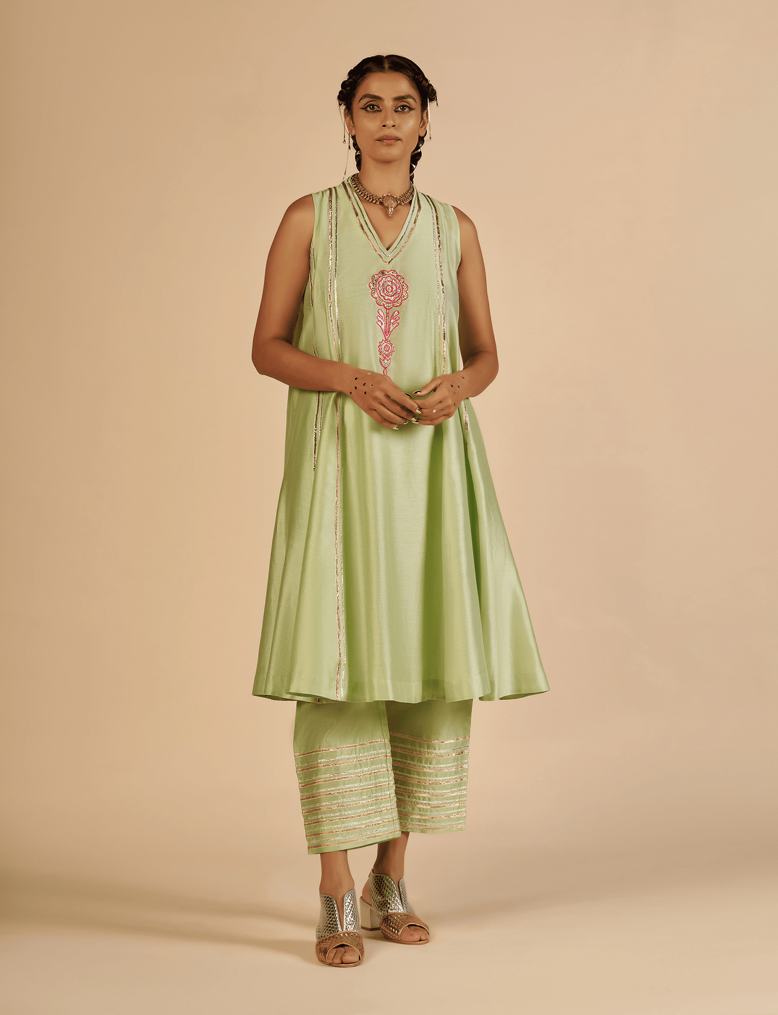 Pista Flared Embroidered Kurta