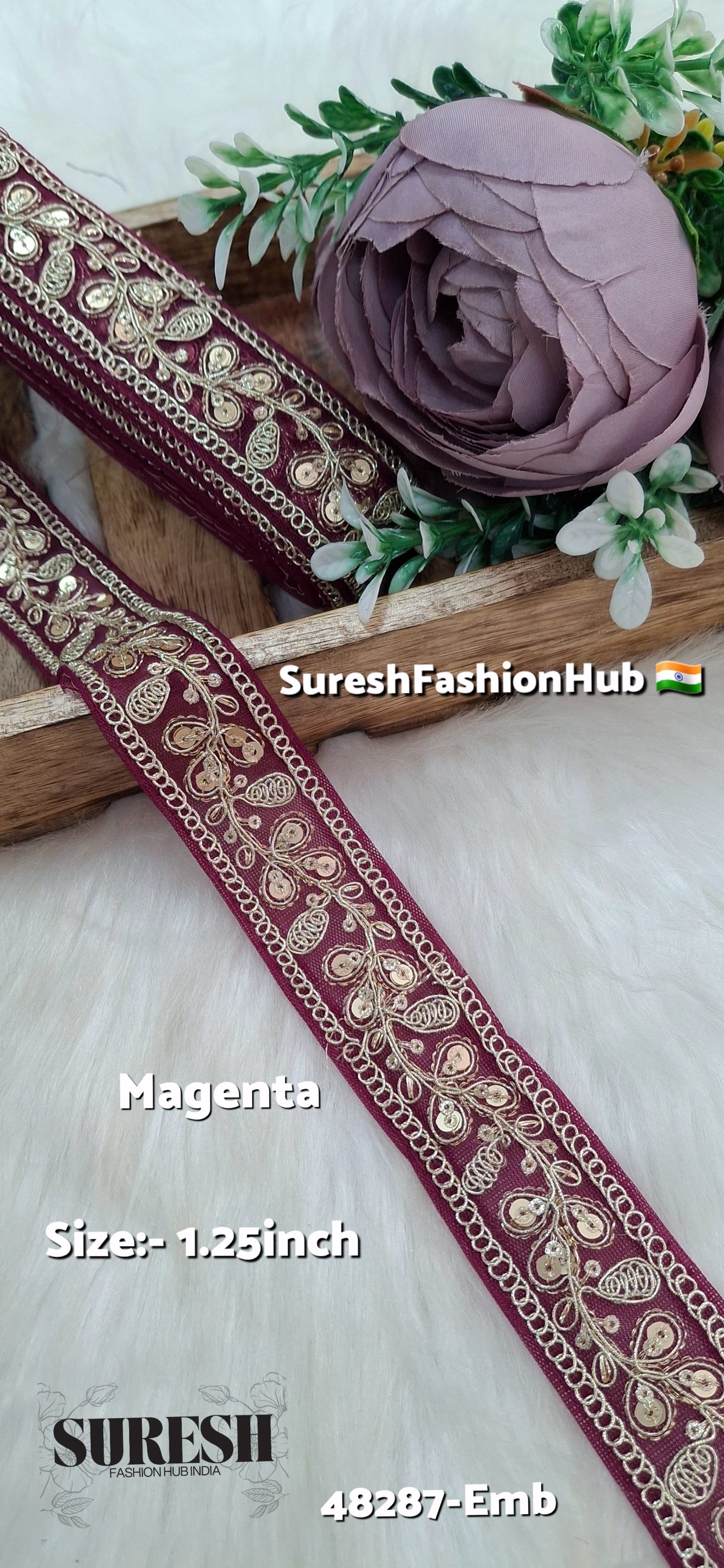 Magenta Pearl Dori Zari Embroidery Border Lace