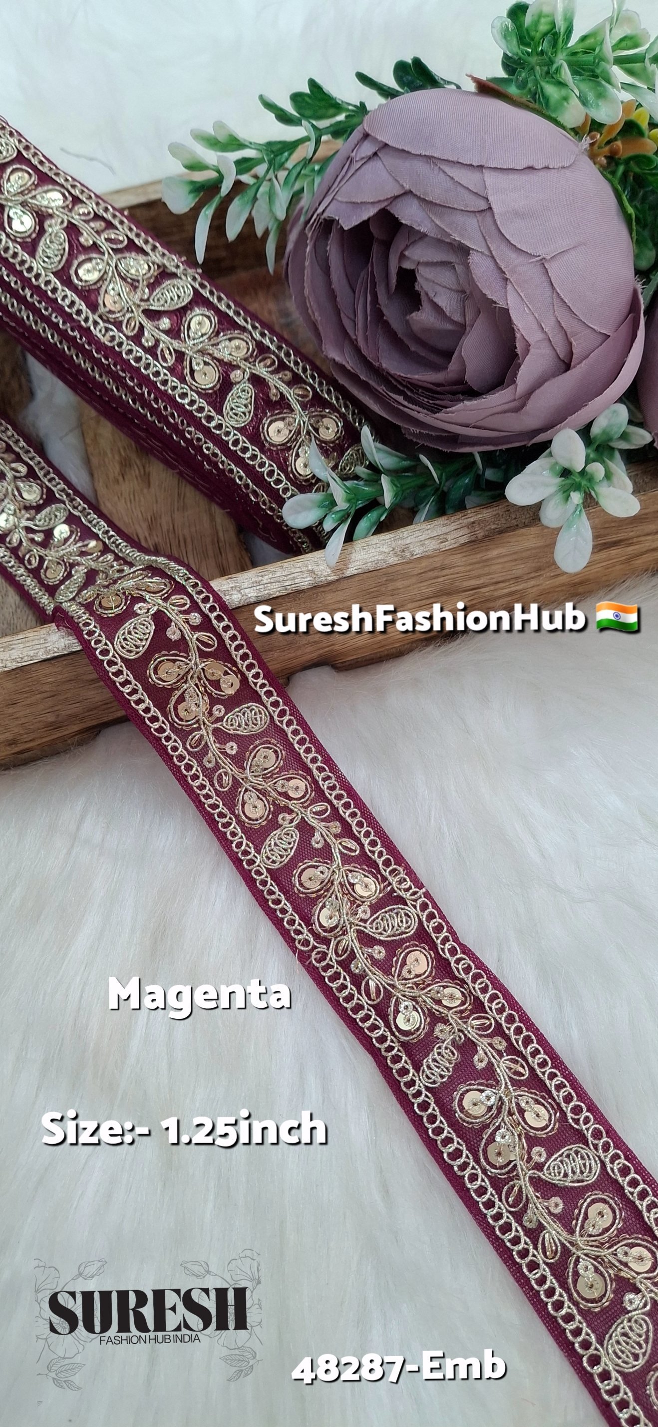 Magenta Pearl Dori Zari Embroidery Border Lace
