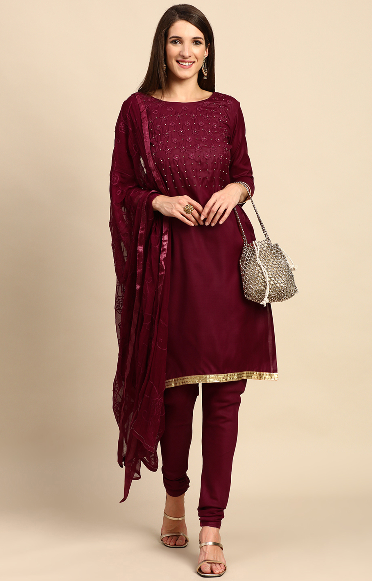 Shaily Women Maroon Color Cotton Embroidered With Pearl Unstitched Dress Material-VF_KRINA_MRON_DM