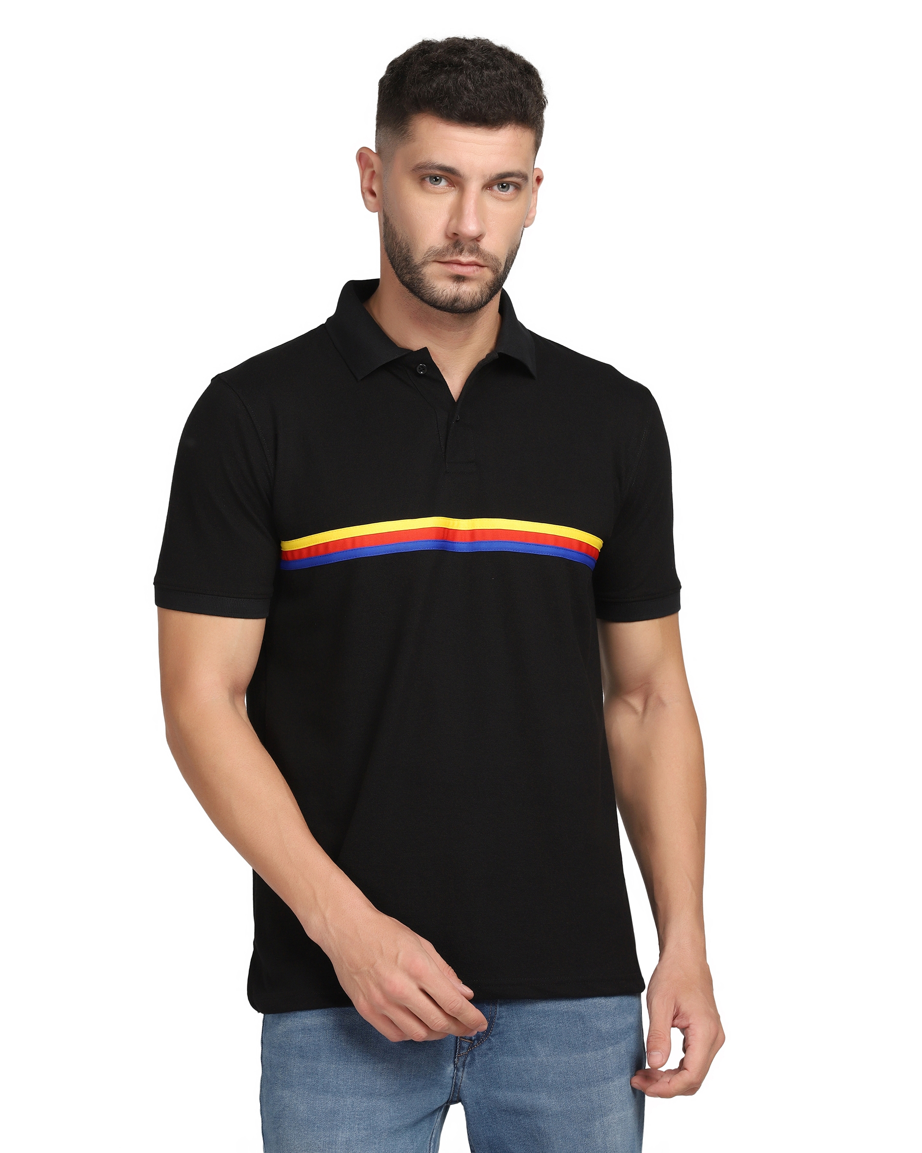 Black Polo With Multi Color Stripes