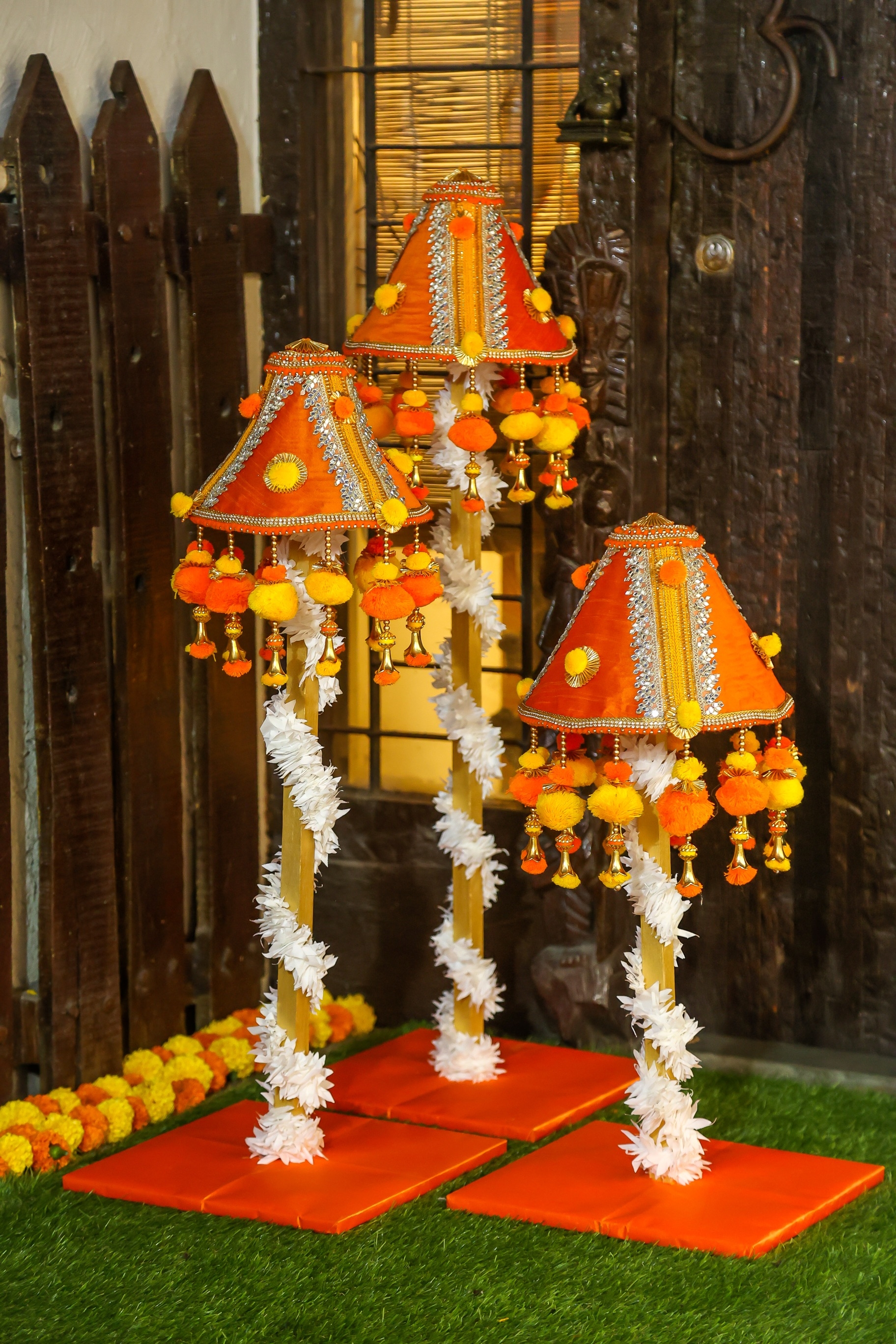 Floral art | ORANGE YELLOW POMPOM LAMPSHADE: undefined