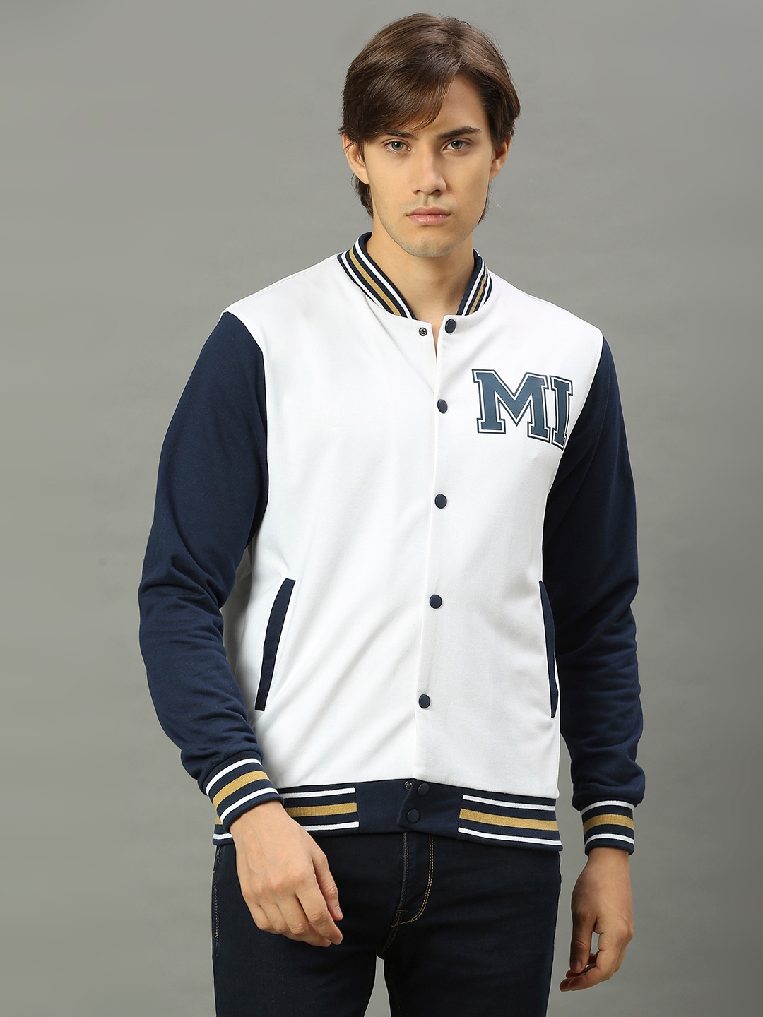FANCODE | MI: Men White Brand Logo Colourblocked Mandarin Collar Varsity Jacket