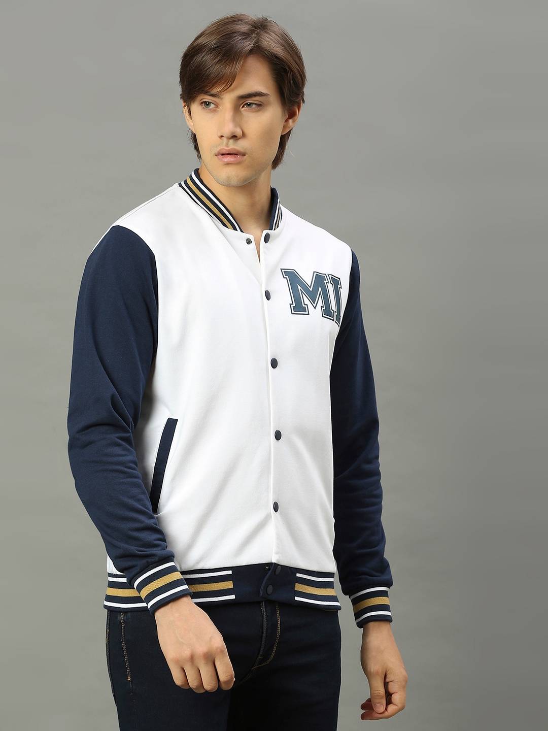MI: Men White Brand Logo Colourblocked Mandarin Collar Varsity Jacket