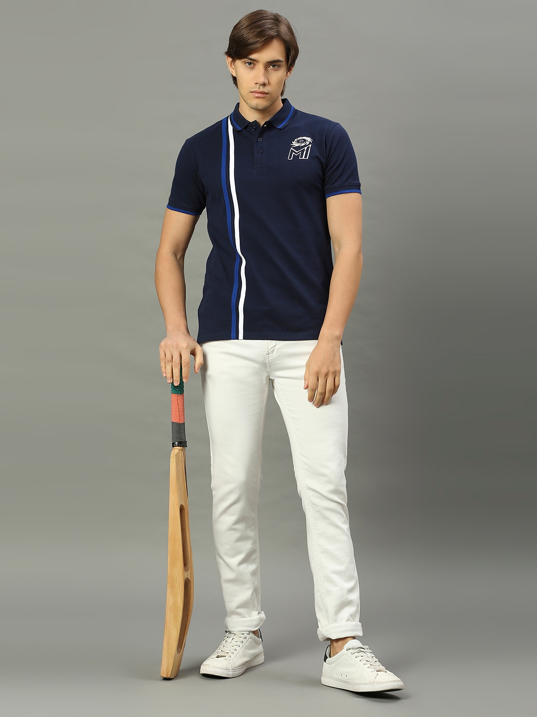 MI: Men Navy Blue Brand Logo Striped Polo Collar T-Shirt