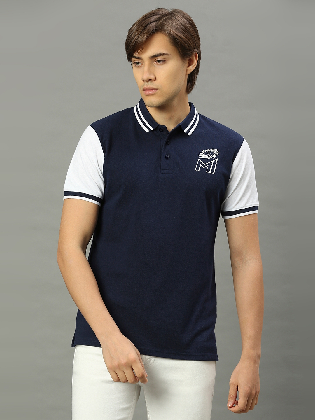 FANCODE | MI: Men Navy Blue Brand Logo Colourblocked Polo Collar T-Shirt