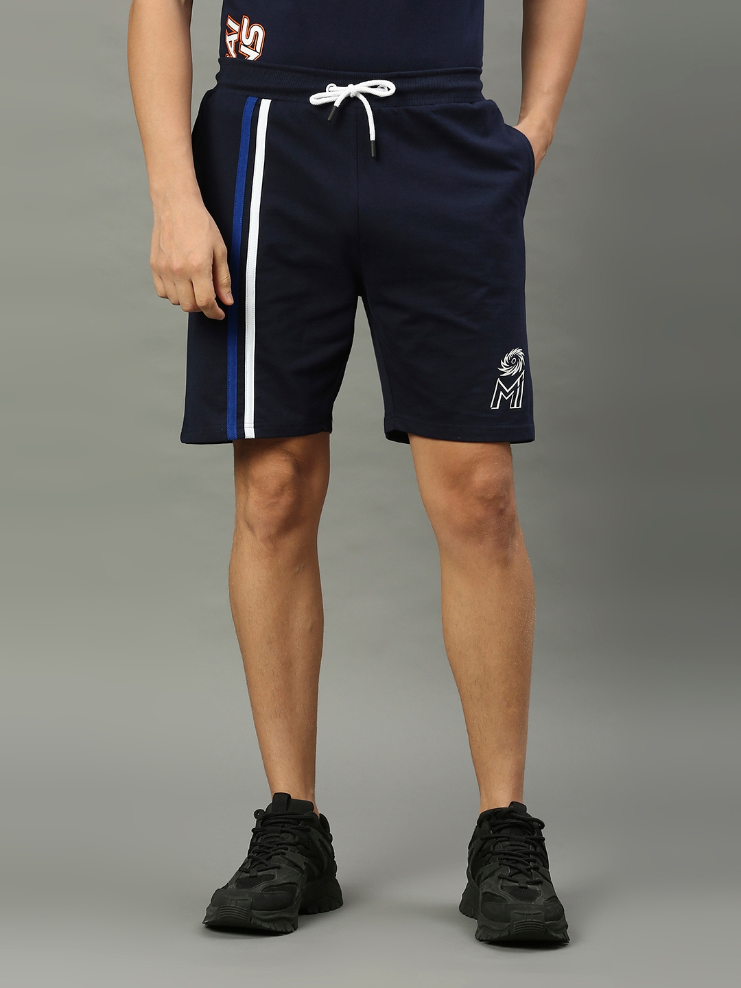 FANCODE | MI: Men Navy Blue Striped Printed Drawstring Shorts