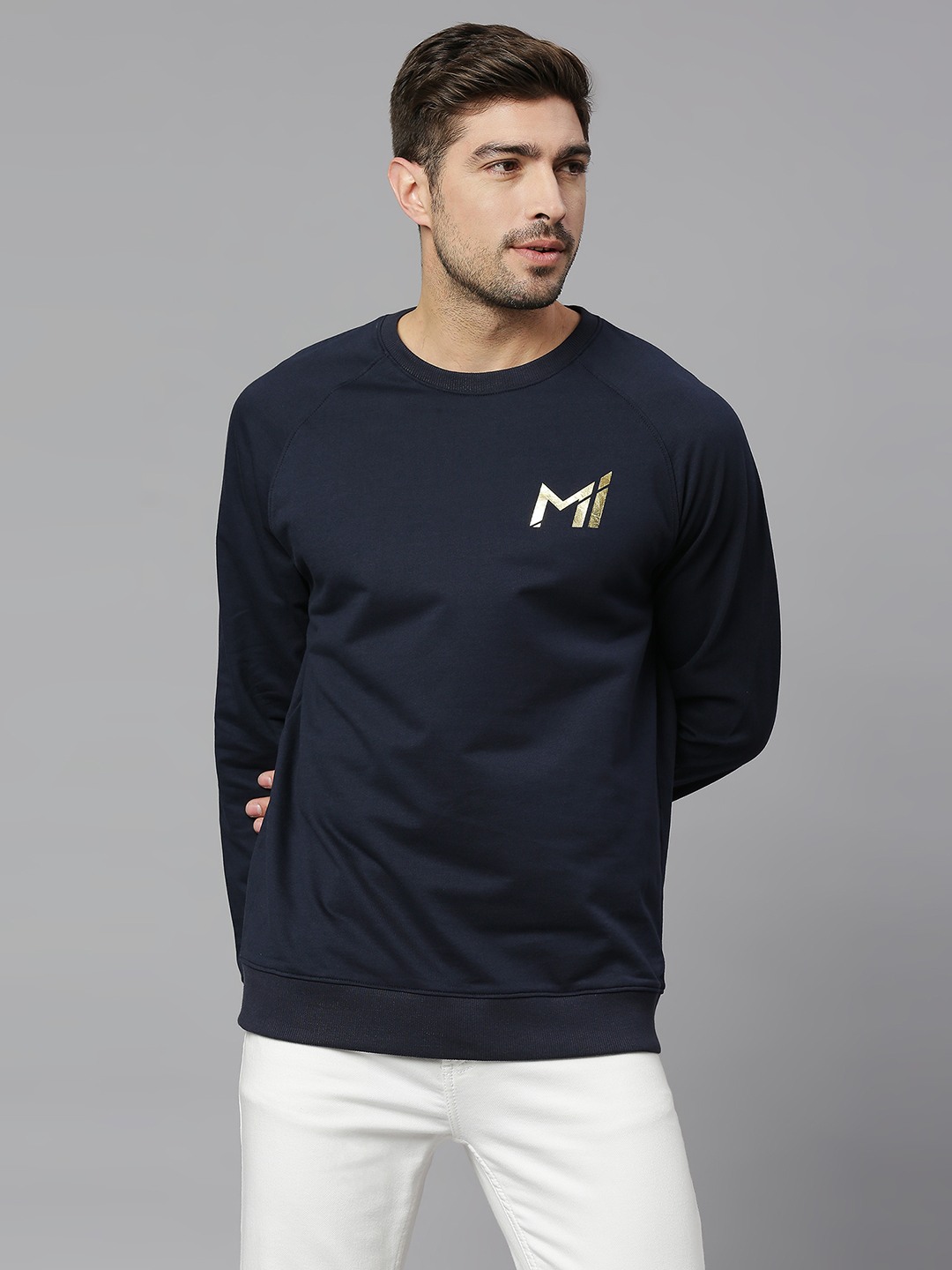 MI: Men Dark Blue Brand Logo Solid Round Neck Sweatshirt