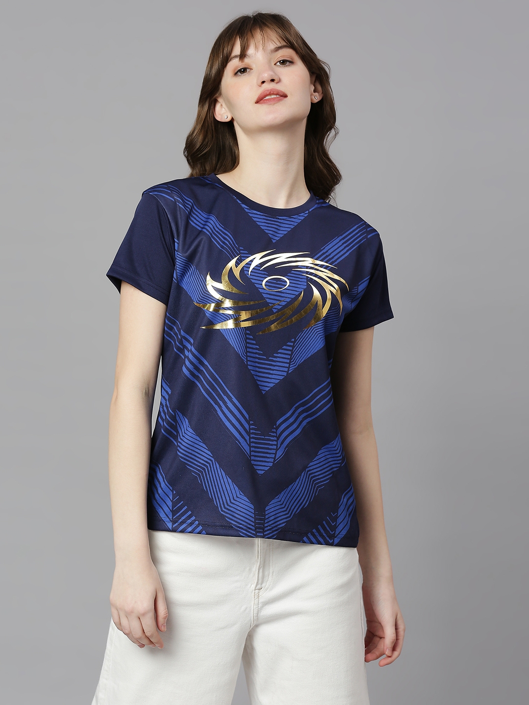FANCODE | MI: Women Navy Blue Graphic Printed Round Neck T-Shirt
