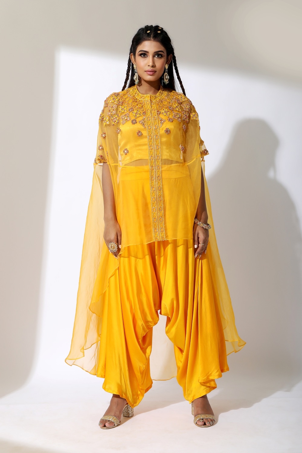 Yellow Embroidered Cape with Drape Pants