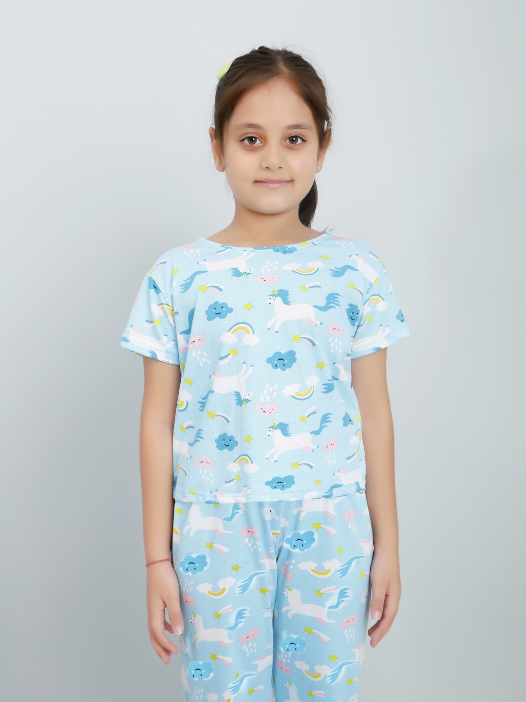 Ninos Dreams Girls Cotton Half Sleeves Coord set Unicorn Printed with Lower - LightBlue