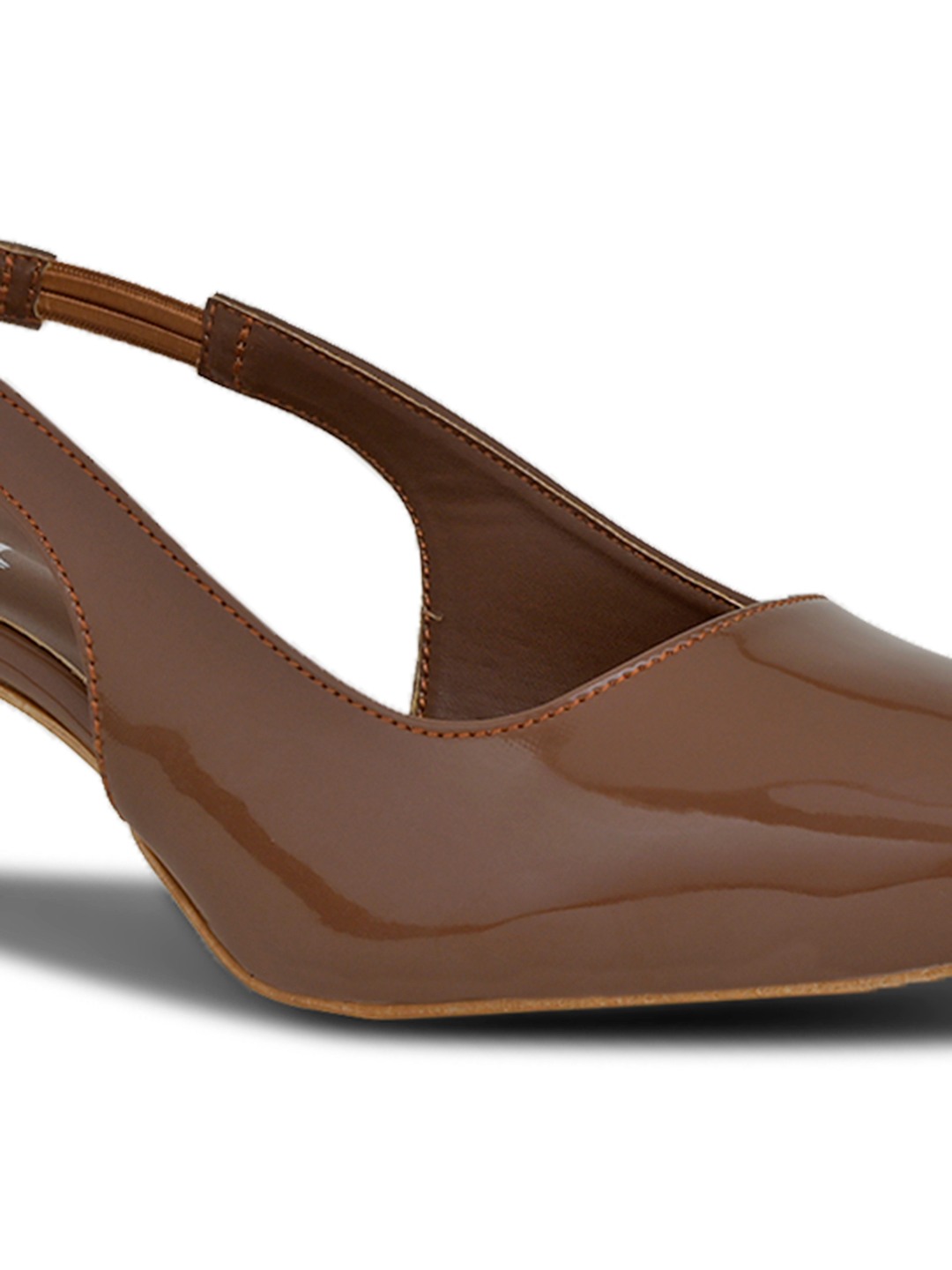 Patent Tan Pointed-Toe Slingback Heels