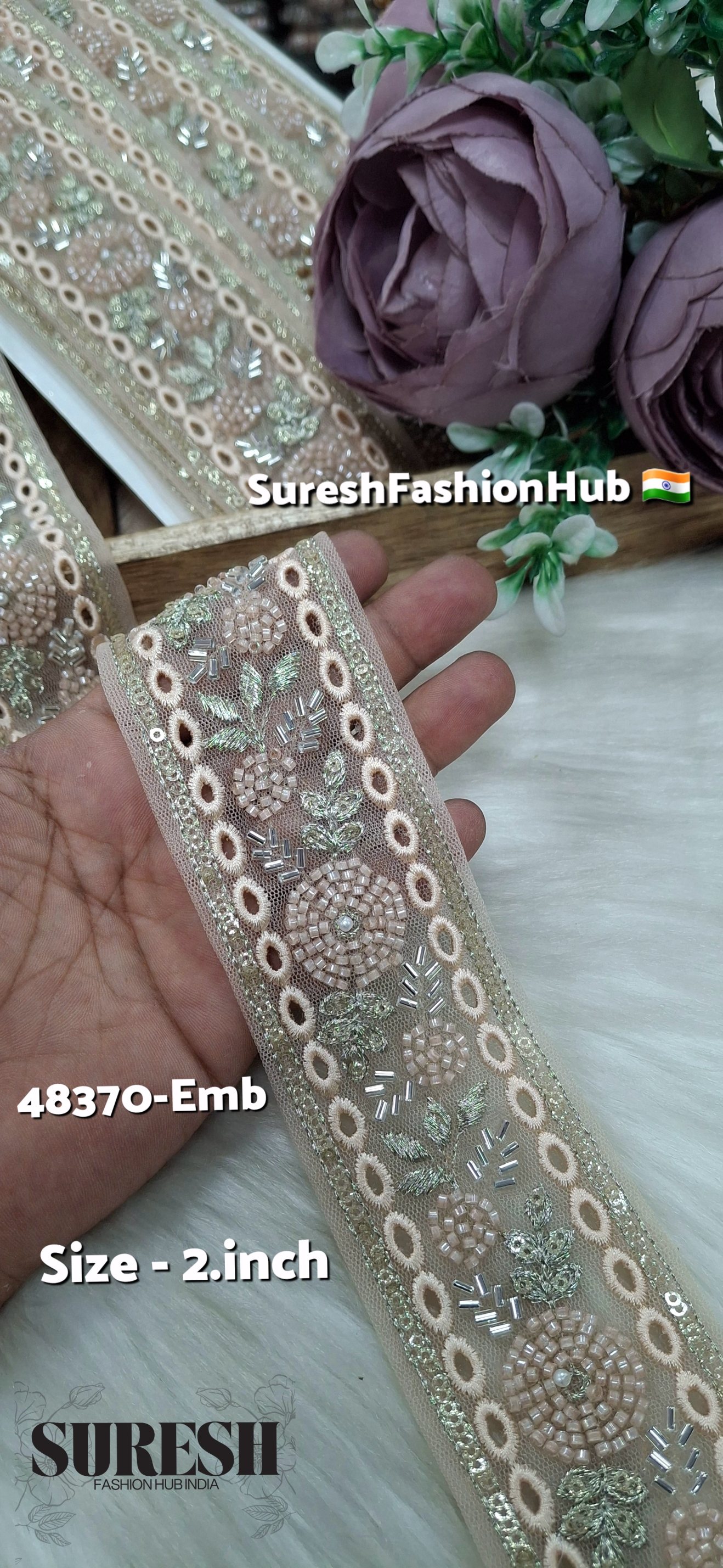 Light Peach TwinCut Floral Net Embroidered Lace