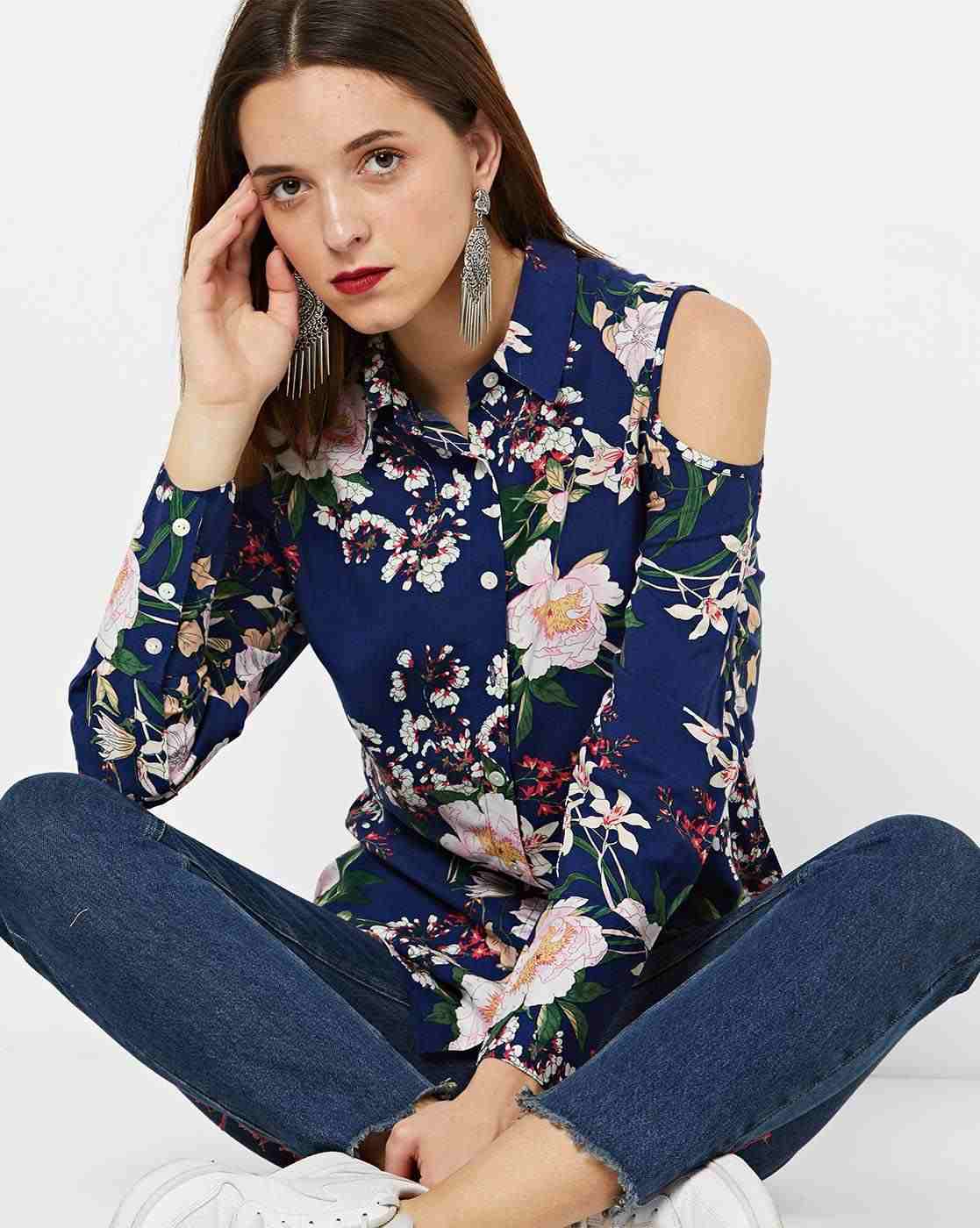 FIG | Floral Print Top with Cold-Shoulder Sleeves|0