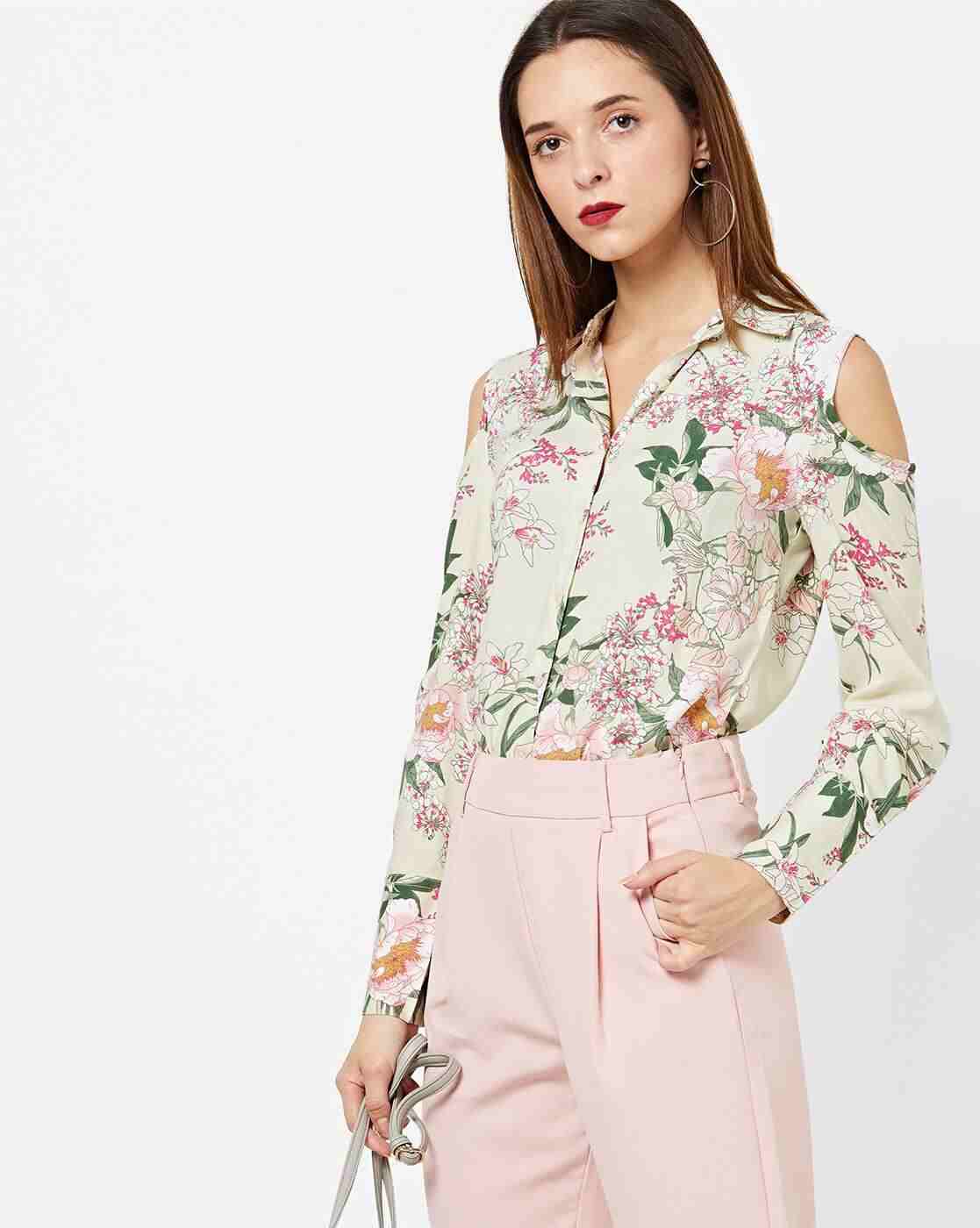 Floral Print Top with Cold-Shoulder Sleeves