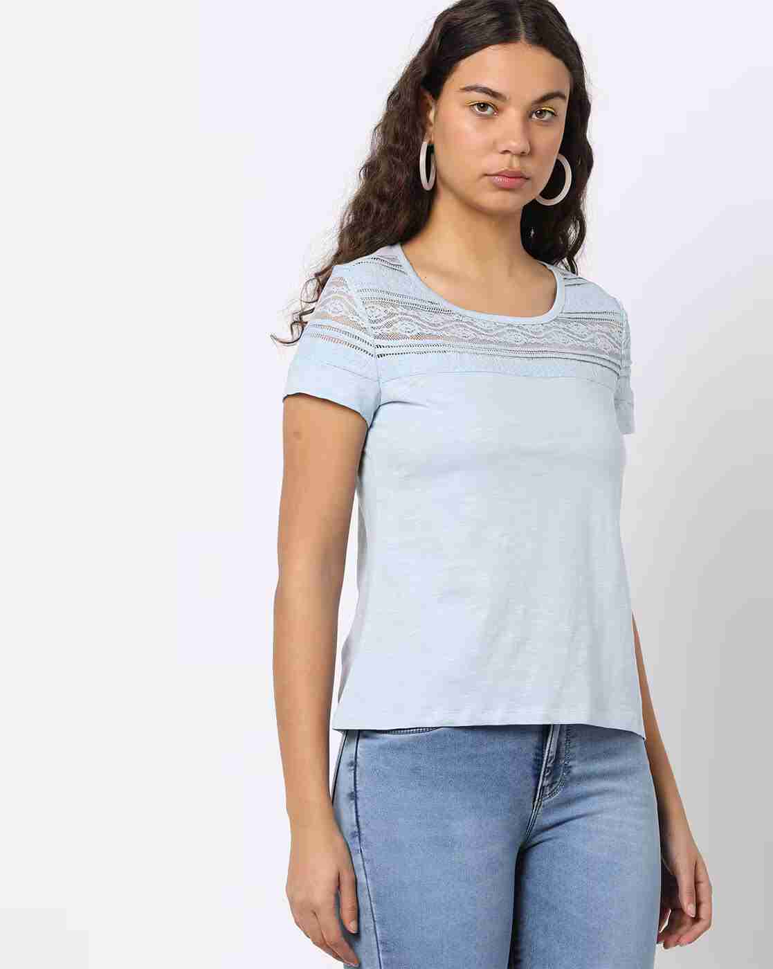 FIG | Round-Neck T-Shirt with Lace Panel|0