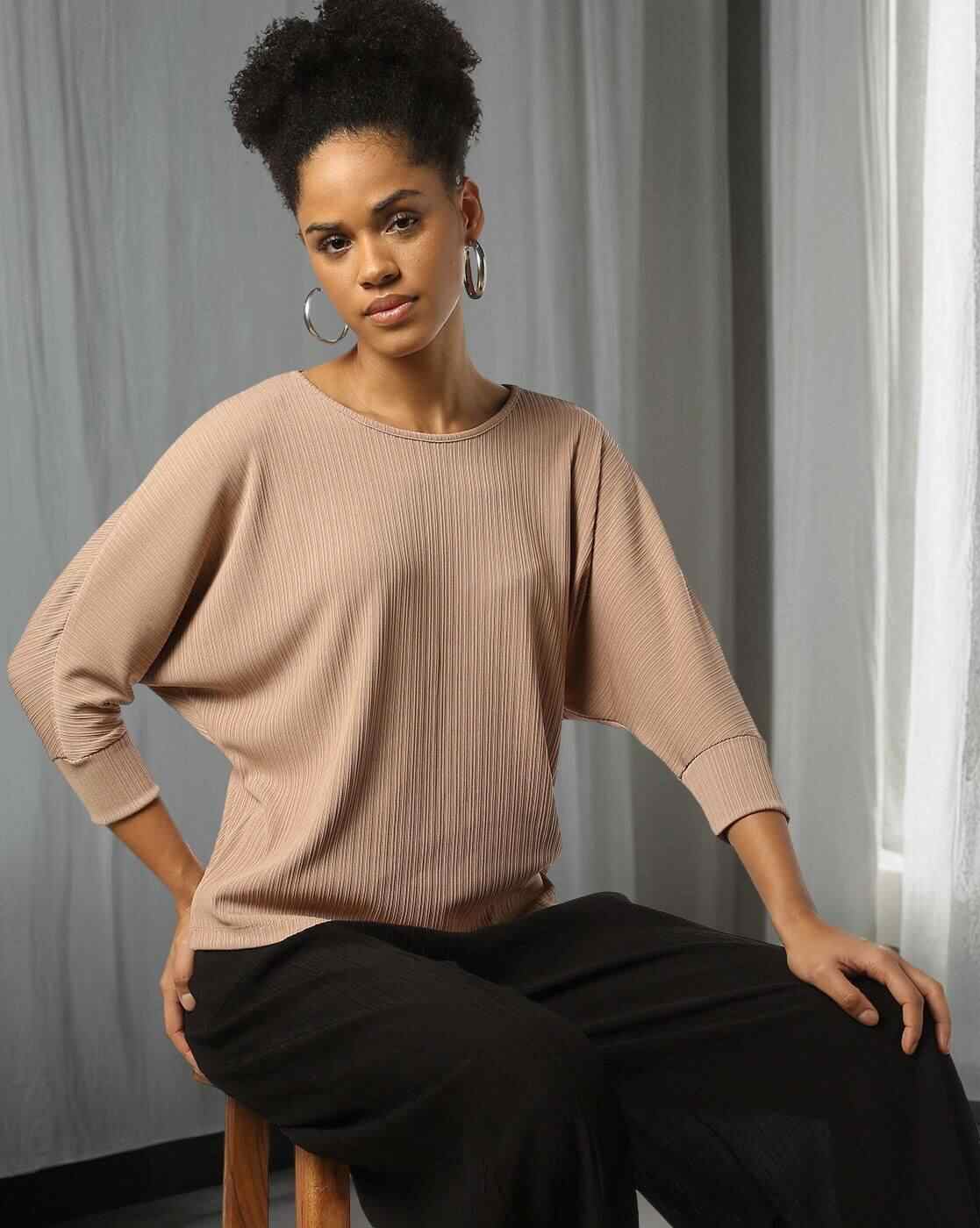 FIG | Women Ribbed Relaxed Fit Boat-Neck Sweatshirt|0