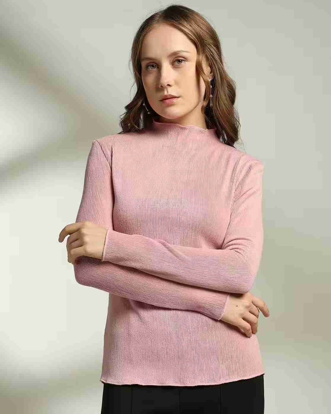 FIG | Women Ribbed Relaxed Fit High-Neck Sweatshirt|0