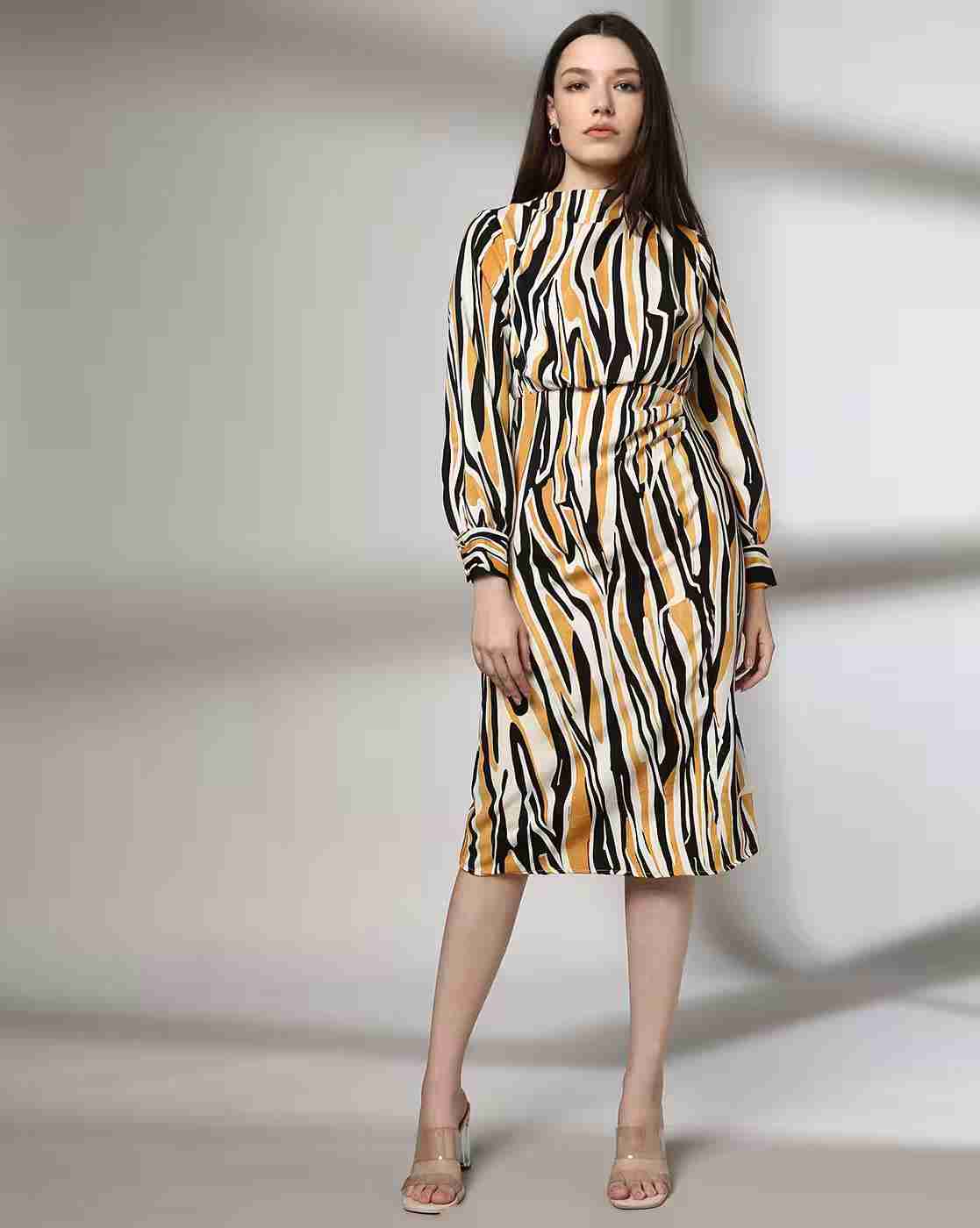 FIG | Women Animal Print Shift Dress with Cuffed Sleeves|0