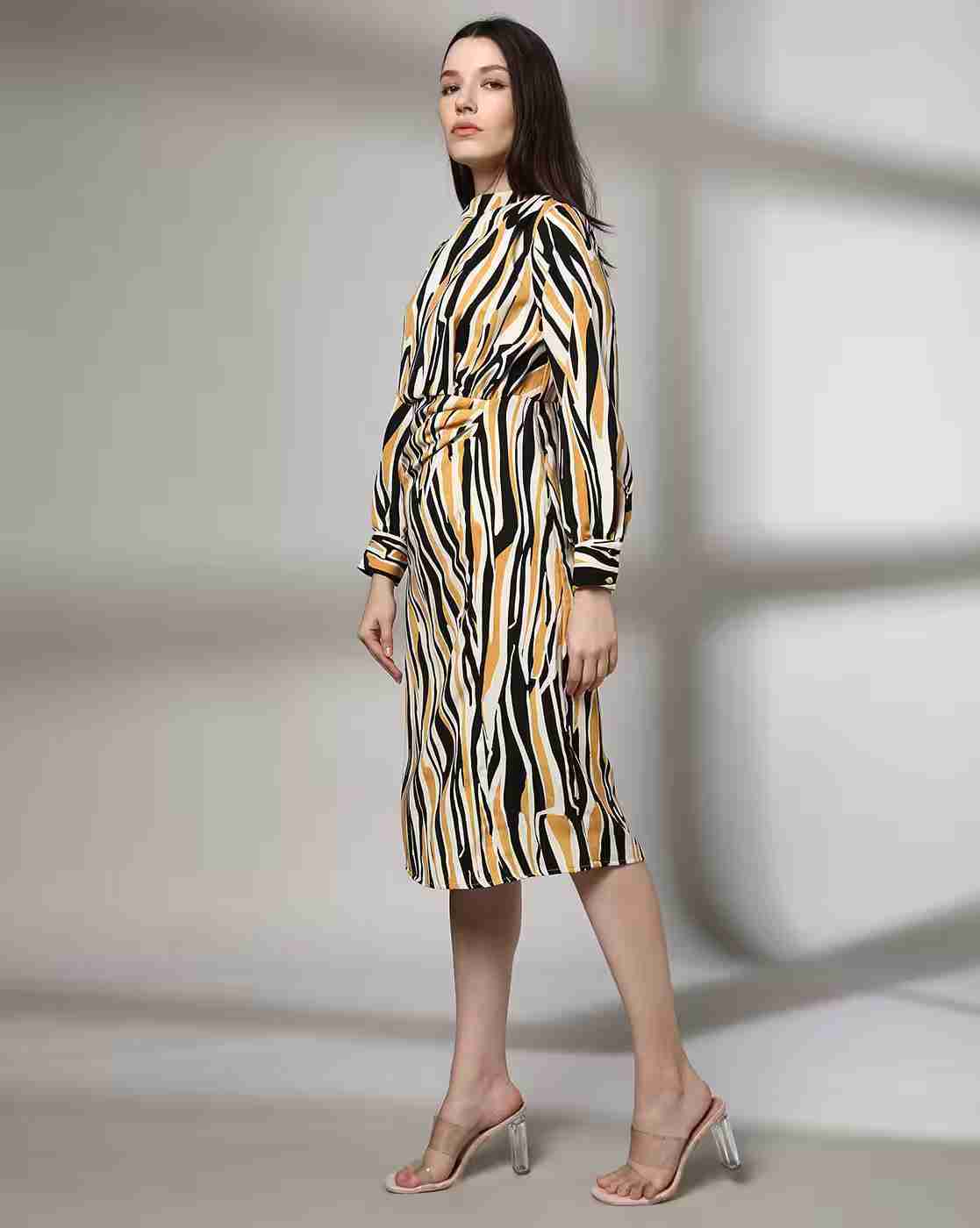 FIG | Women Animal Print Shift Dress with Cuffed Sleeves|1