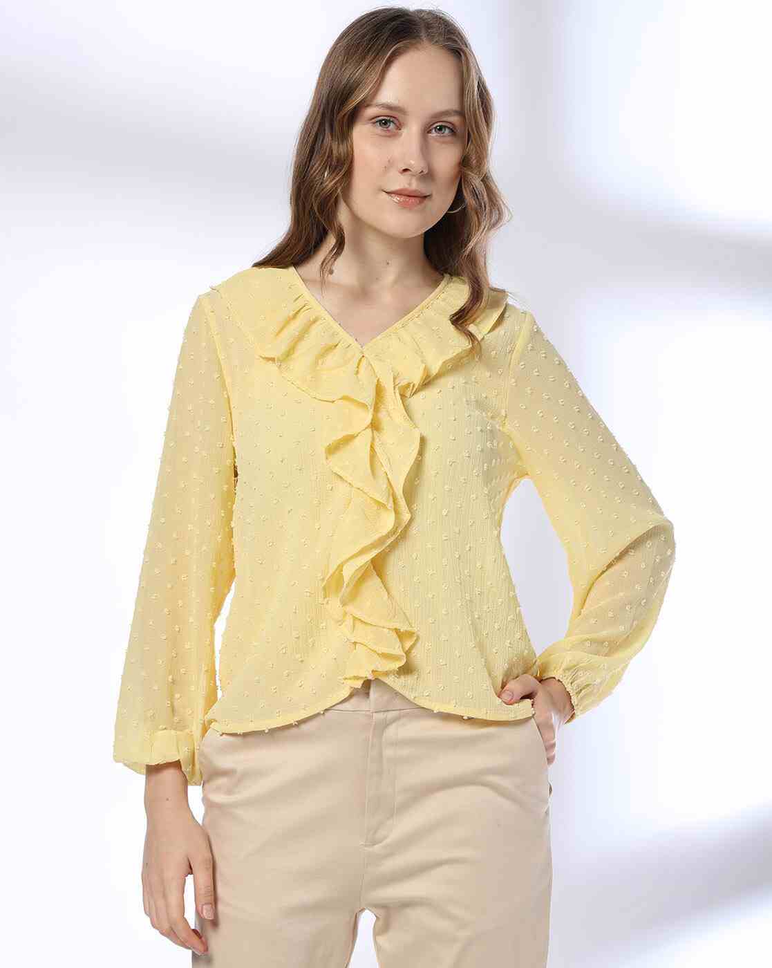 FIG | Women Ruffled Relaxed Fit V-Neck Top|0